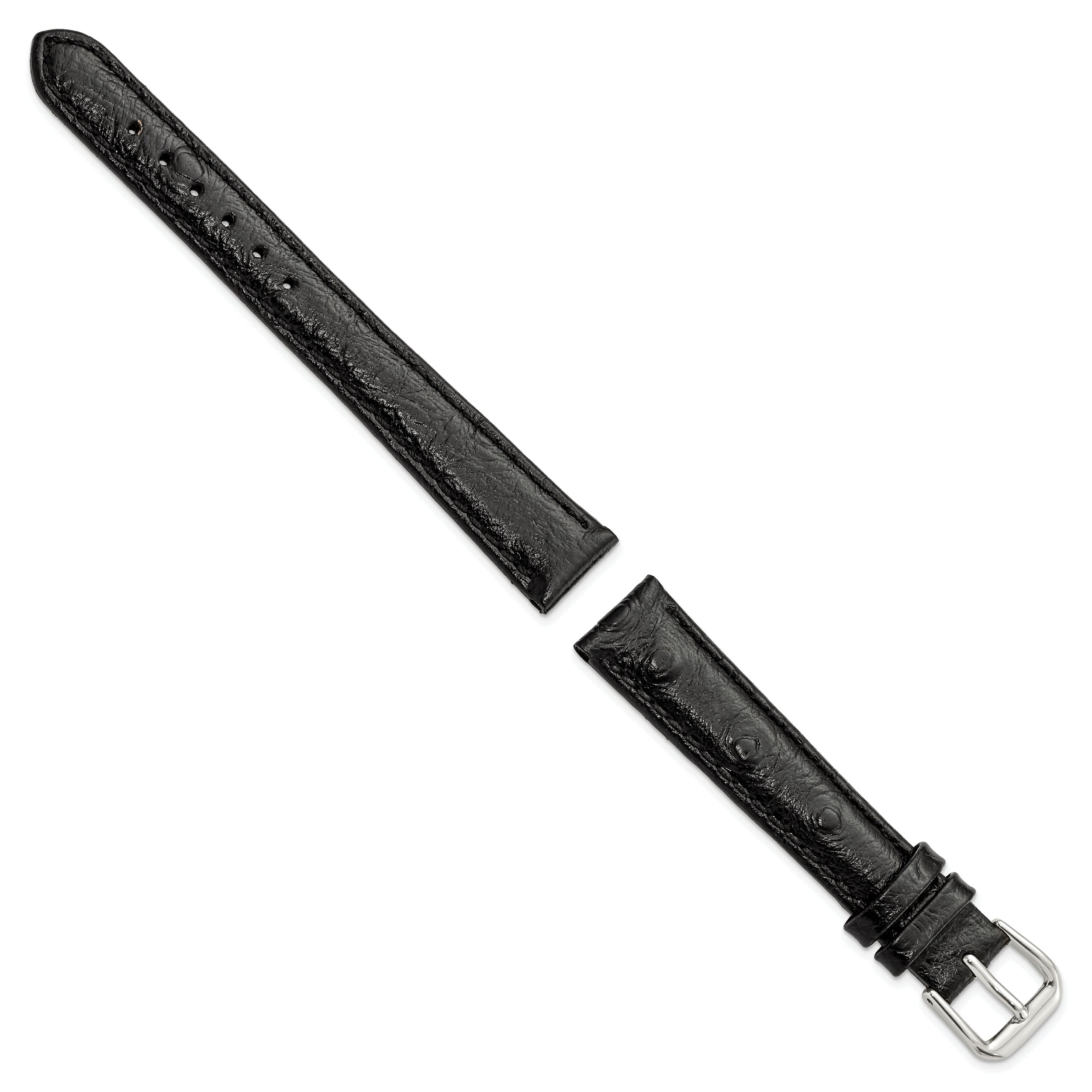 12mm Black Ostrich Grain Leather with Silver-tone Buckle 6.75 inch Watch Band