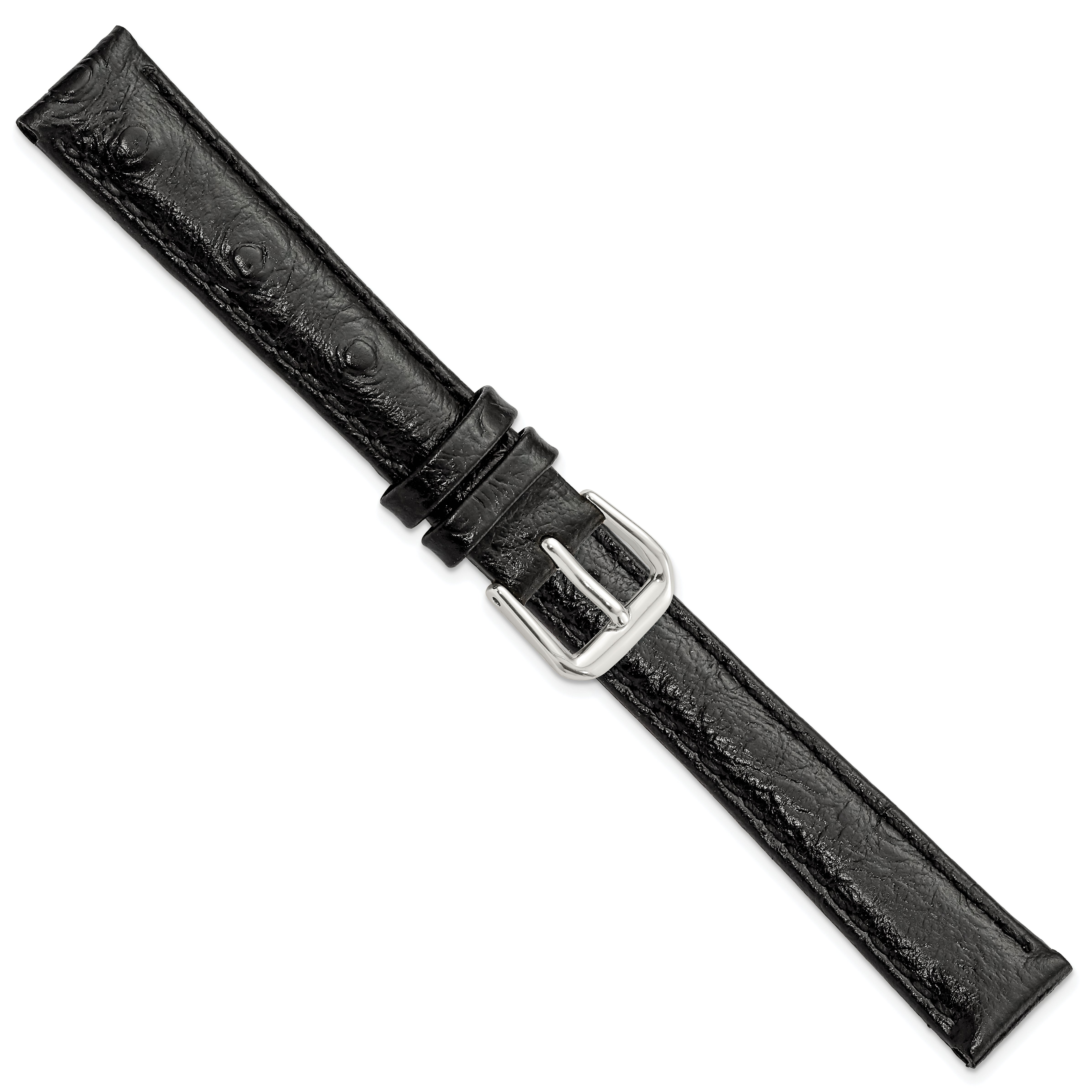 12mm Black Ostrich Grain Leather with Silver-tone Buckle 6.75 inch Watch Band