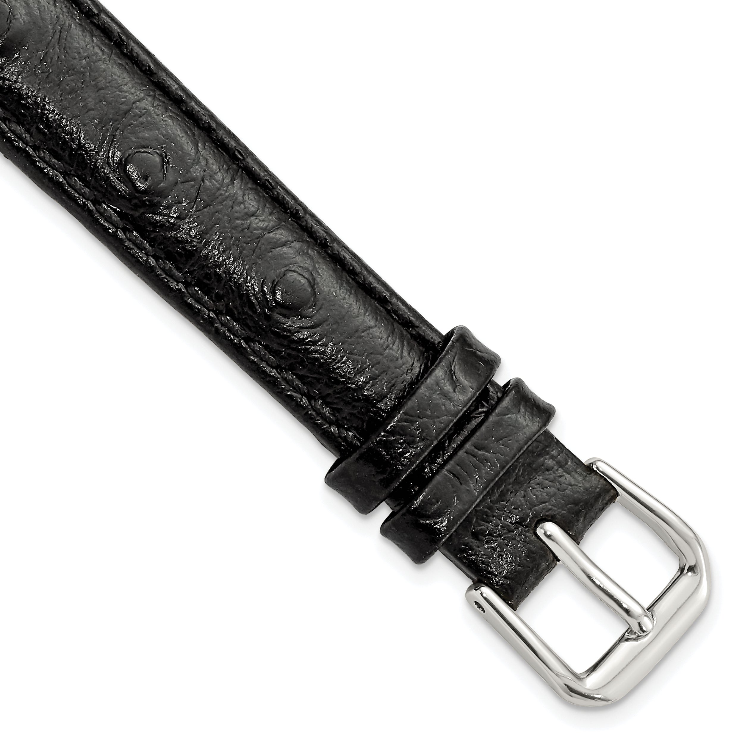 DeBeer 14mm Black Ostrich Grain Leather with Silver-tone Buckle 6.75 inch Watch Band