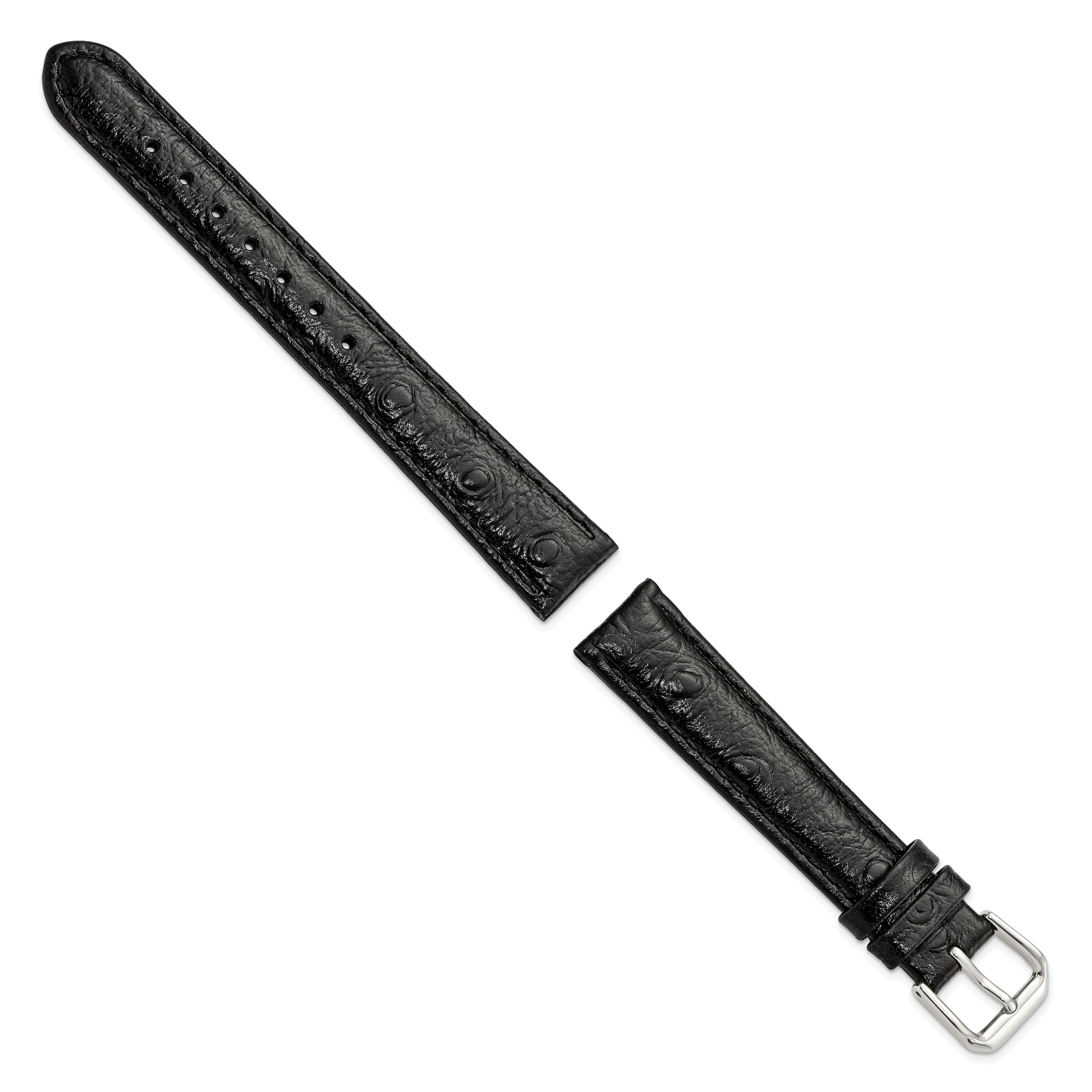 12mm Black Ostrich Grain Leather with Silver-tone Buckle 6.75 inch Watch Band