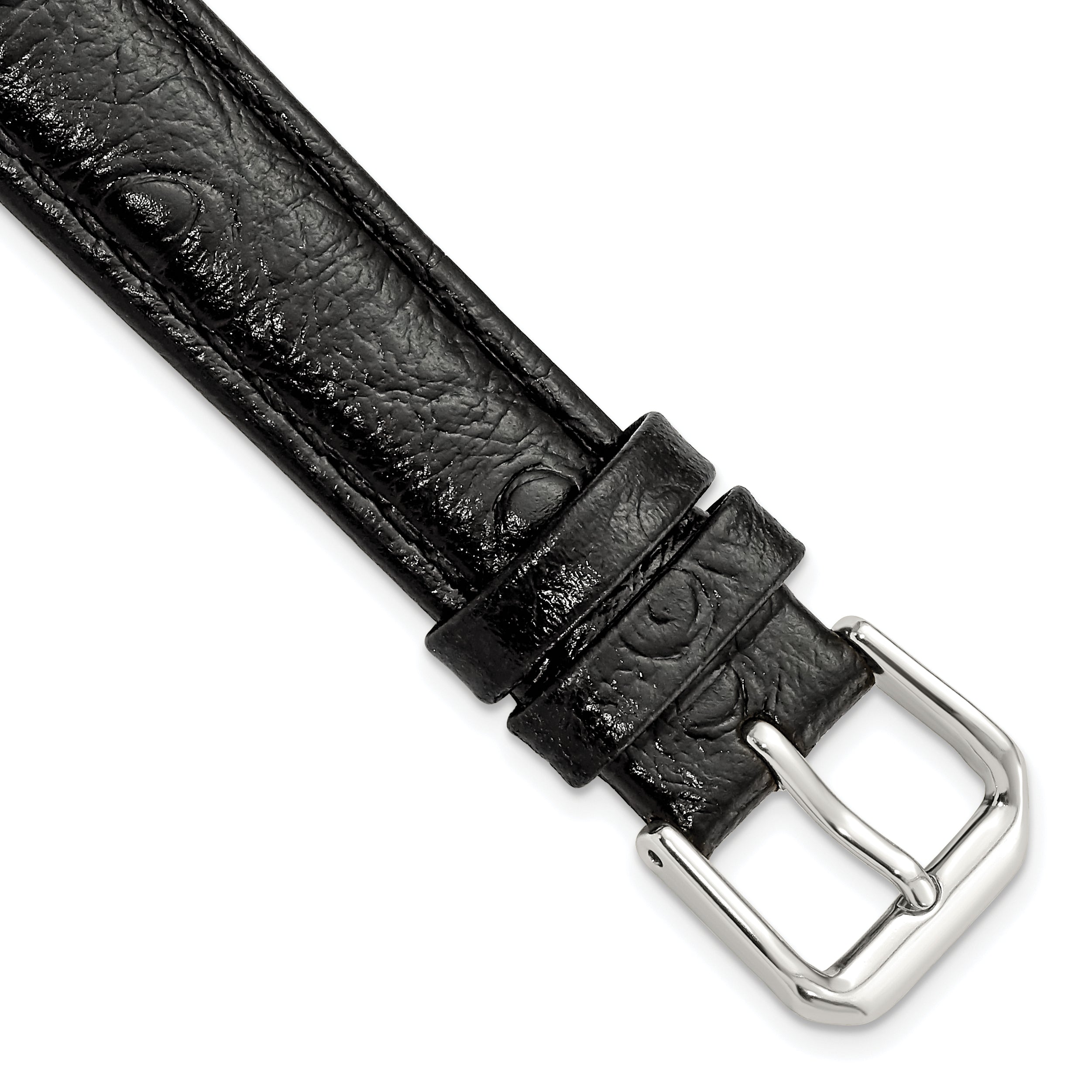 DeBeer 16mm Black Ostrich Grain Leather with Silver-tone Buckle 7.5 inch Watch Band