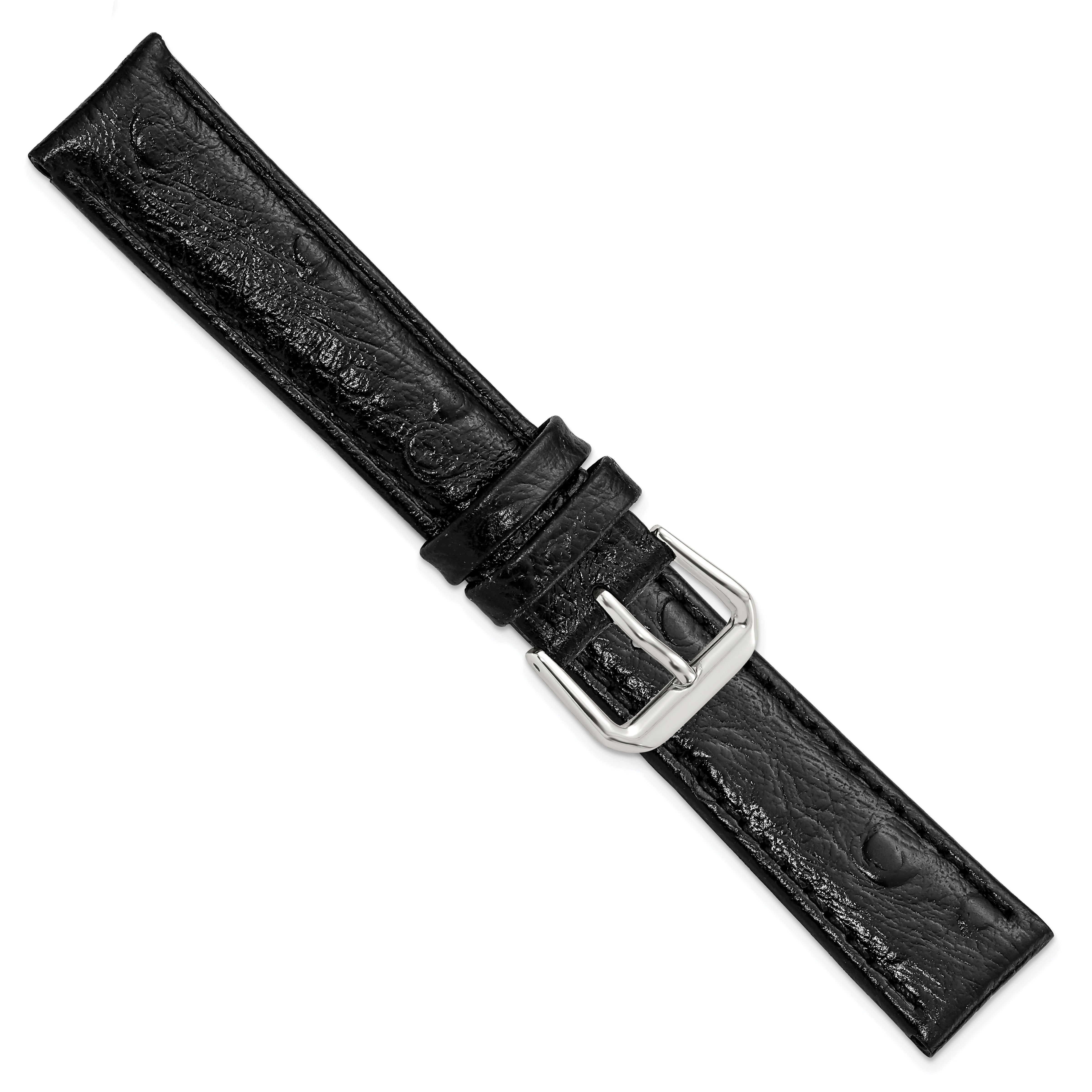 12mm Black Ostrich Grain Leather with Silver-tone Buckle 6.75 inch Watch Band