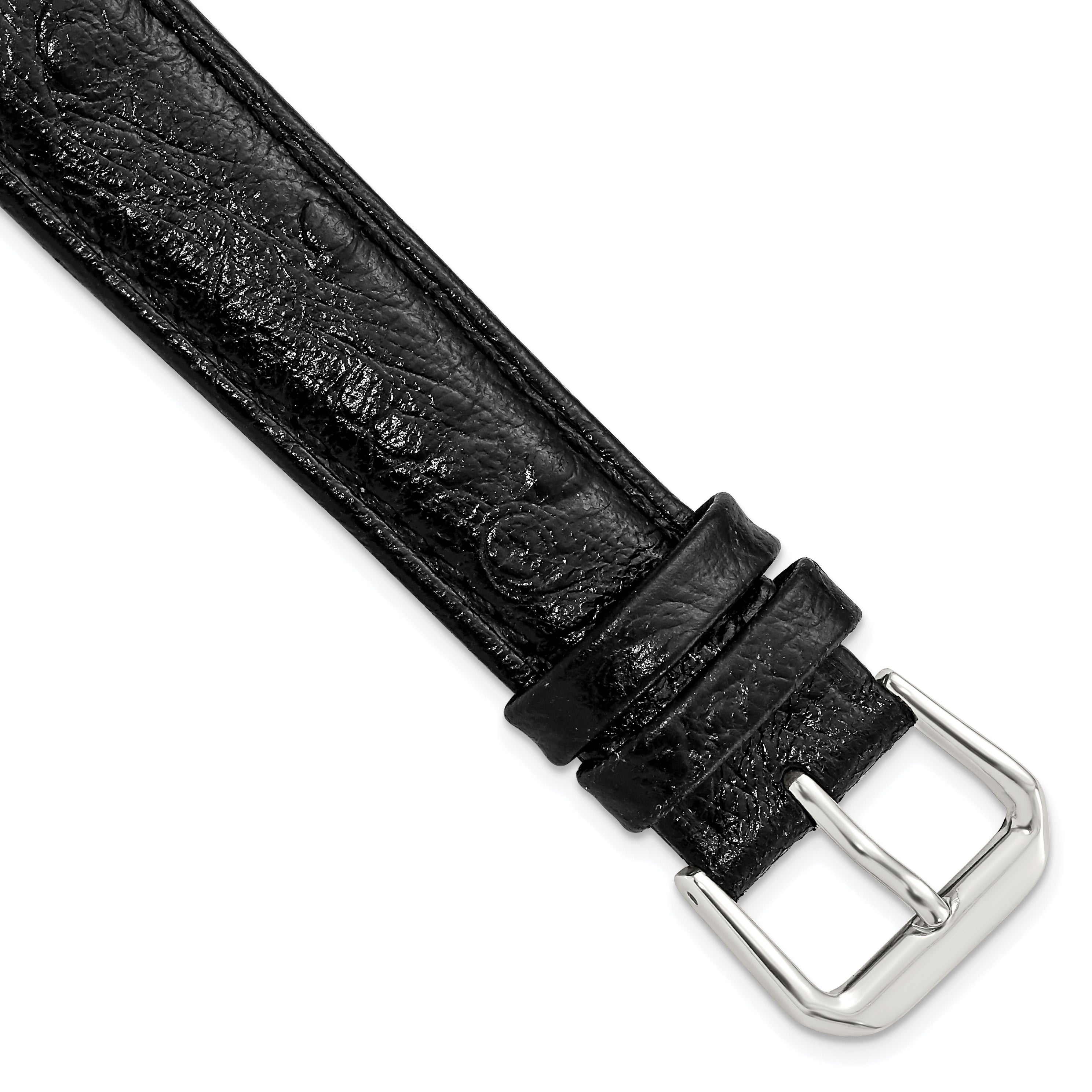 DeBeer 18mm Black Ostrich Grain Leather with Silver-tone Buckle 7.5 inch Watch Band