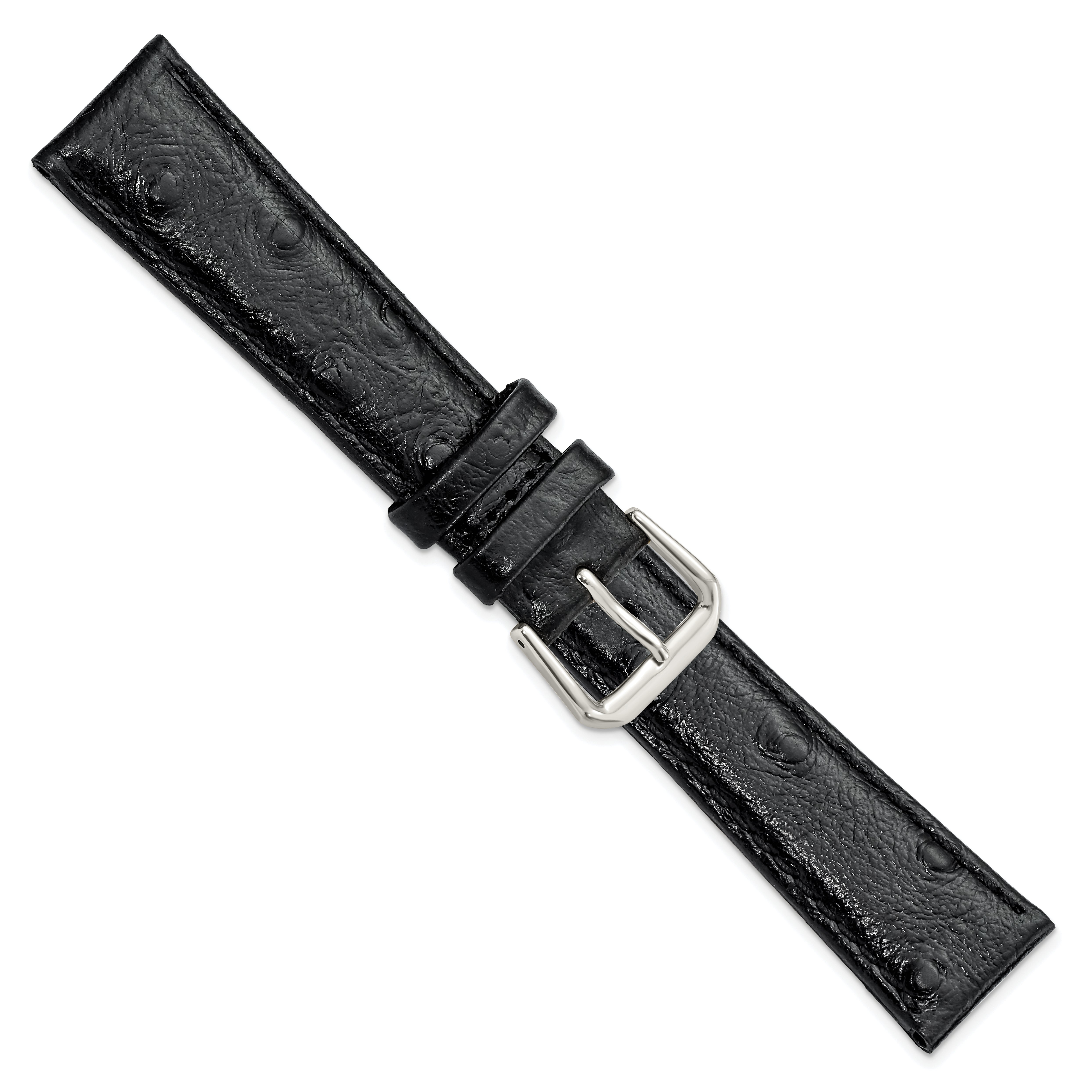 12mm Black Ostrich Grain Leather with Silver-tone Buckle 6.75 inch Watch Band