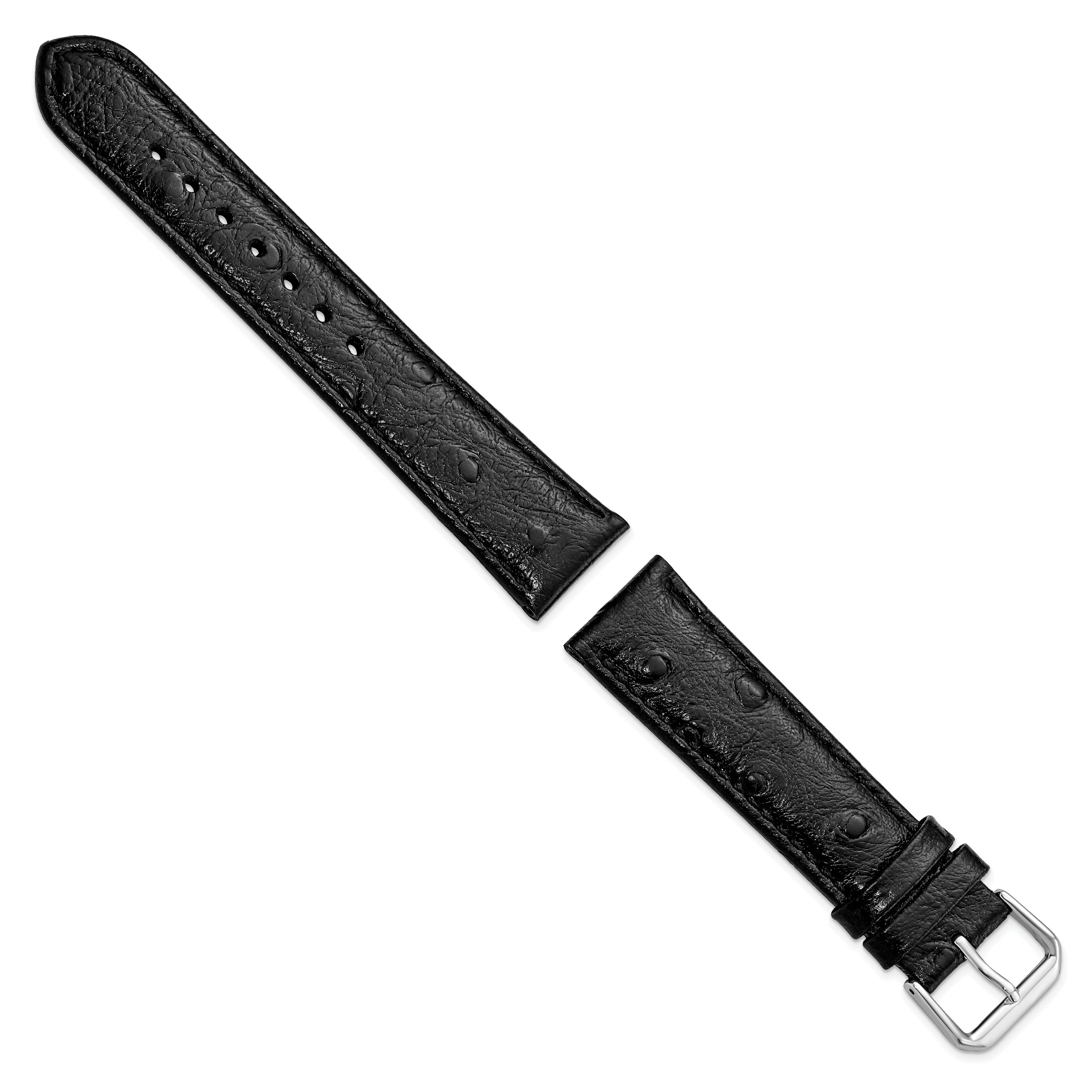 12mm Black Ostrich Grain Leather with Silver-tone Buckle 6.75 inch Watch Band