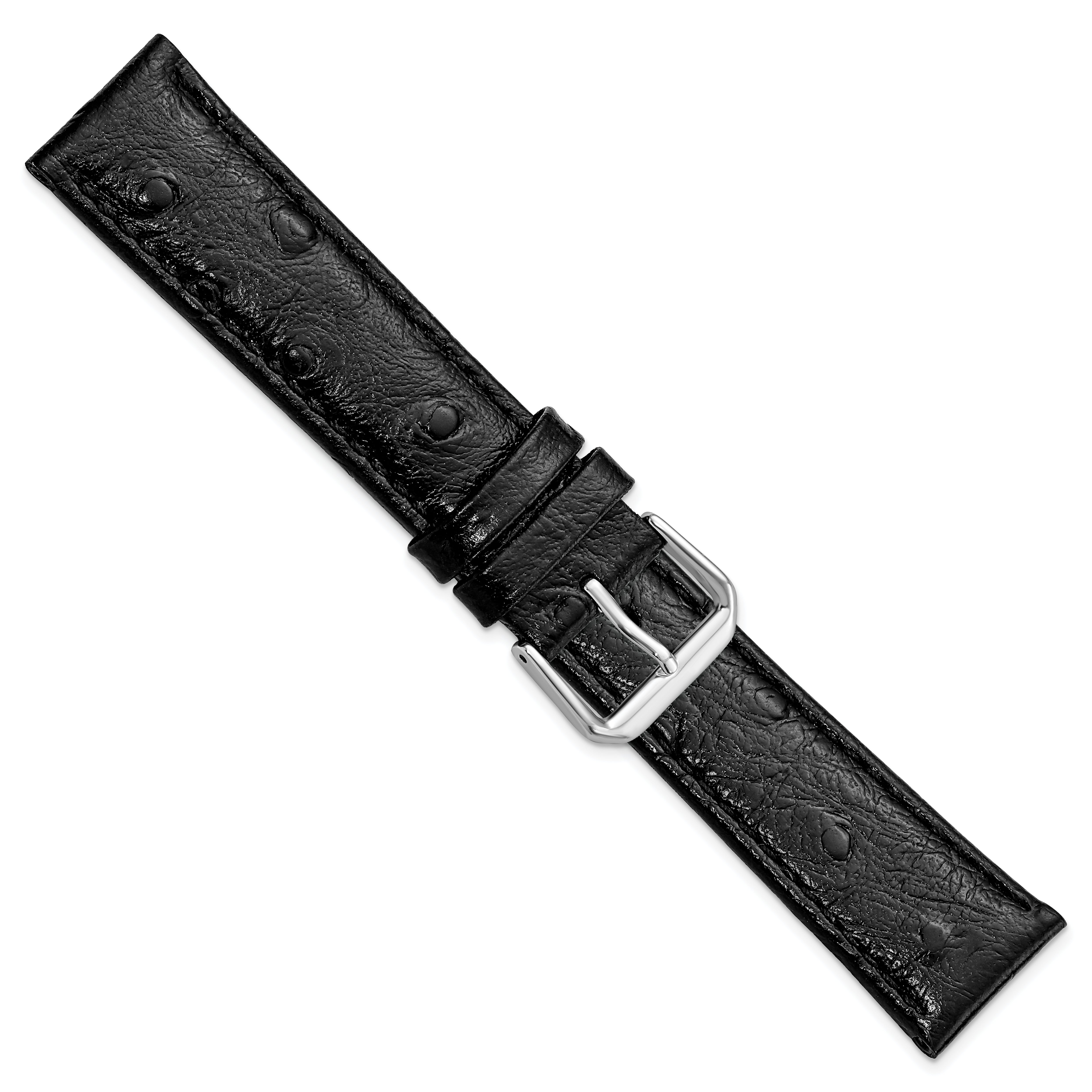 12mm Black Ostrich Grain Leather with Silver-tone Buckle 6.75 inch Watch Band