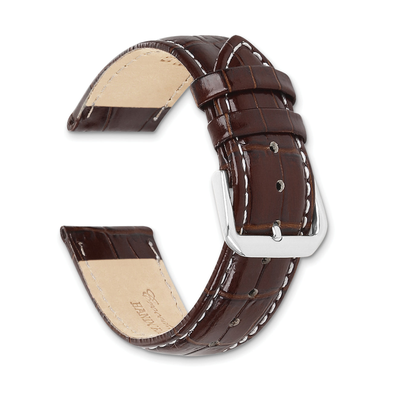 10mm Brown Crocodile Grain Leather with Dark Stitching and Silver-tone Buckle 6.75 inch Watch Band