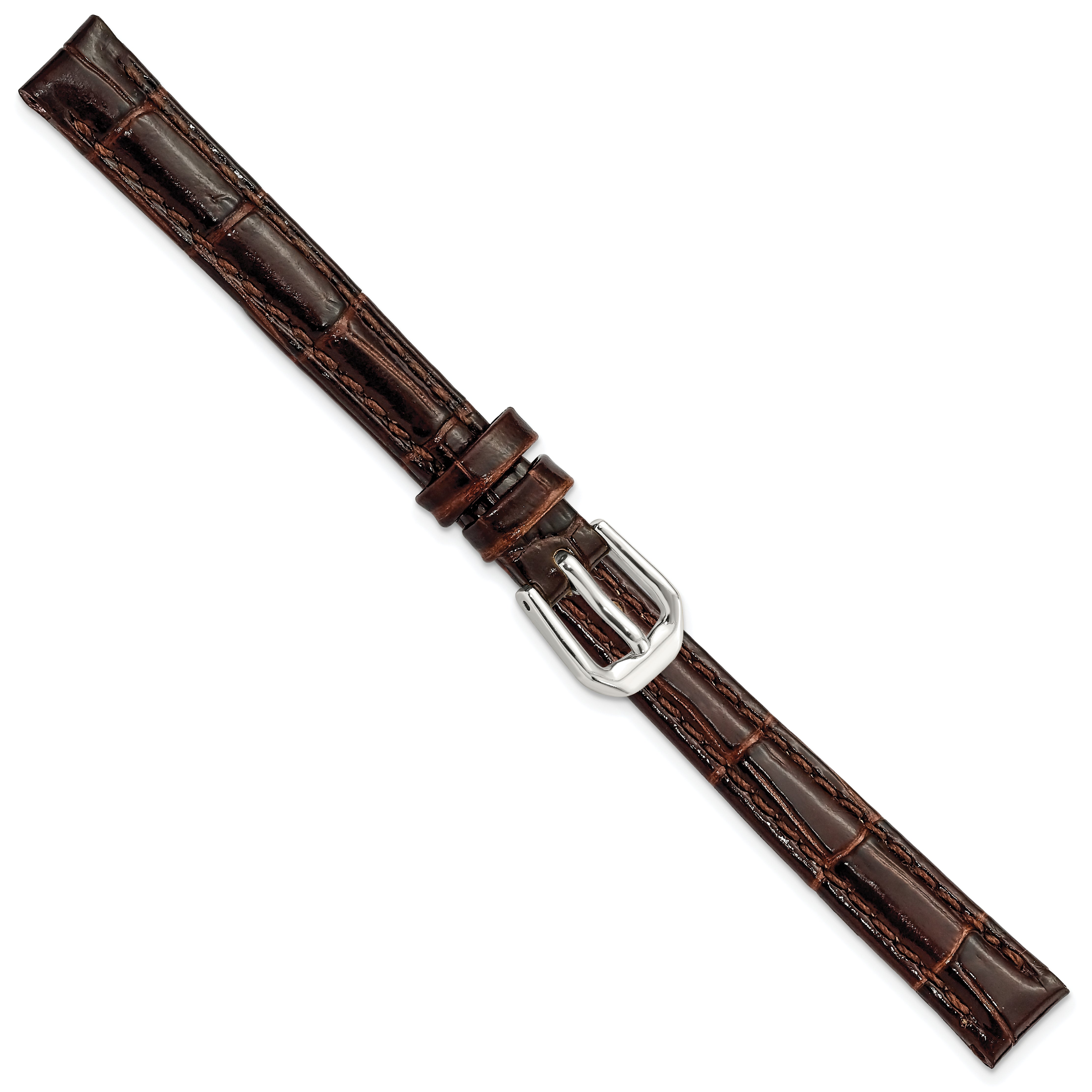 10mm Brown Crocodile Grain Leather with Dark Stitching and Silver-tone Buckle 6.75 inch Watch Band