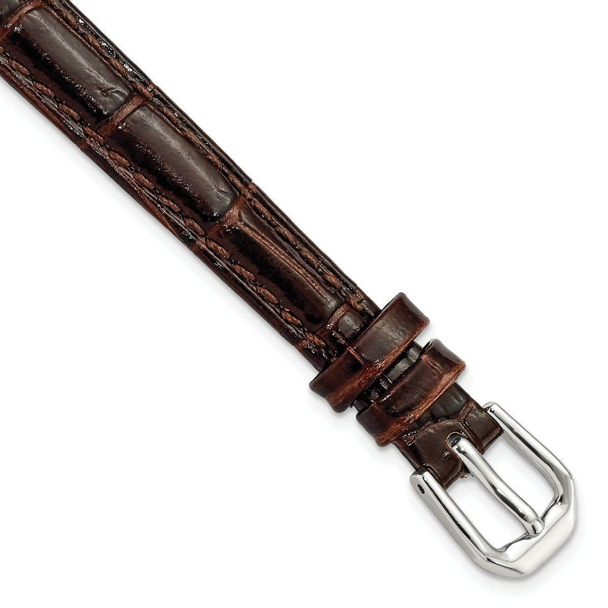 DeBeer 10mm Brown Crocodile Grain Leather with Dark Stitching and Silver-tone Buckle 6.75 inch Watch Band