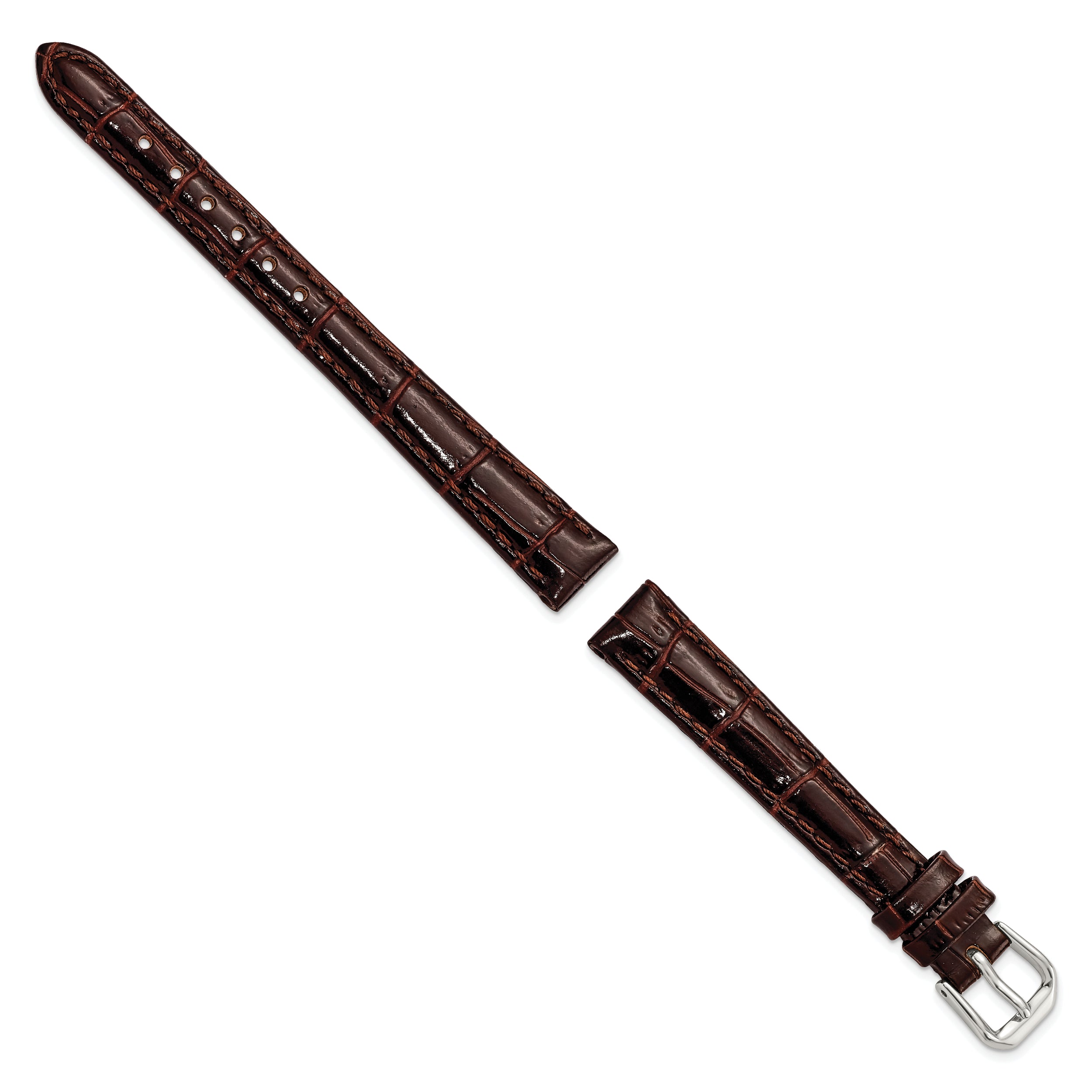 10mm Brown Crocodile Grain Leather with Dark Stitching and Silver-tone Buckle 6.75 inch Watch Band