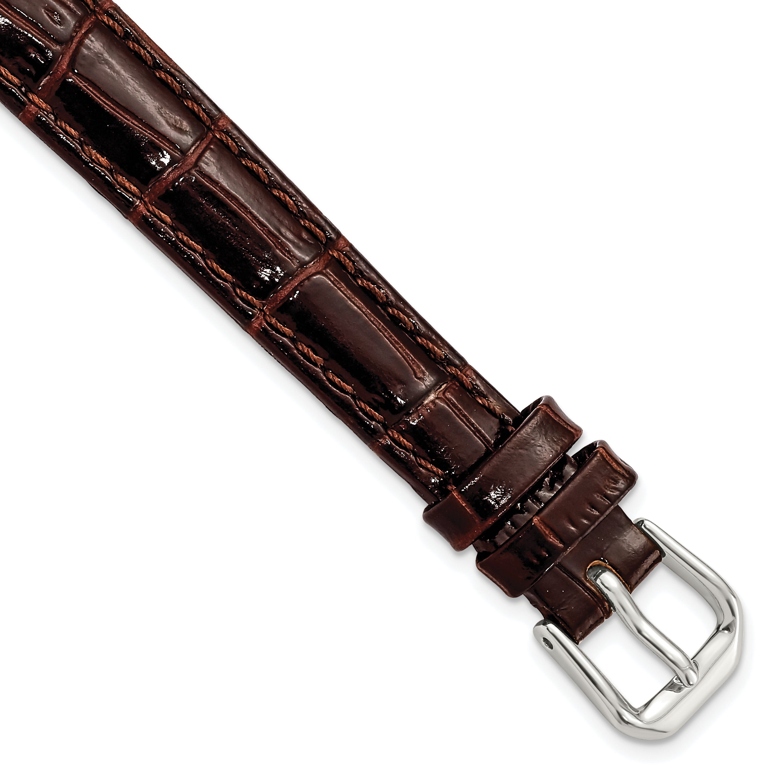 DeBeer 12mm Brown Crocodile Grain Leather with Dark Stitching and Silver-tone Buckle 6.75 inch Watch Band