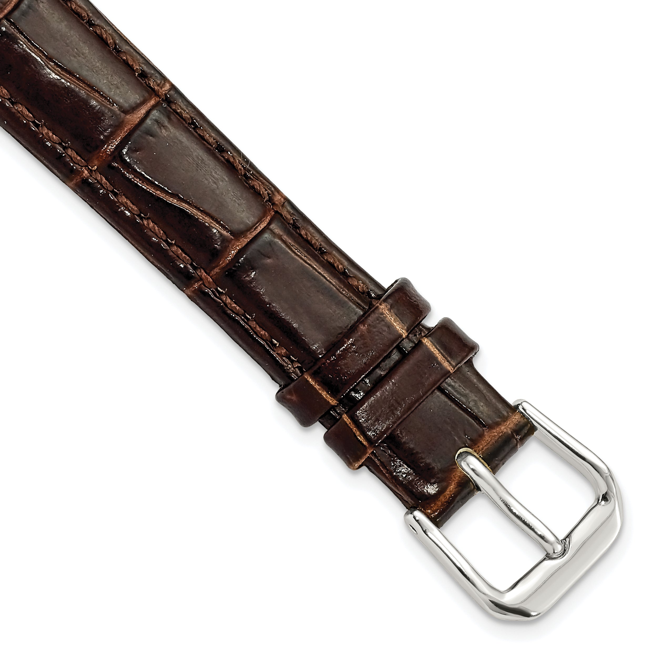 DeBeer 14mm Brown Crocodile Grain Leather with Dark Stitching and Silver-tone Buckle 6.75 inch Watch Band