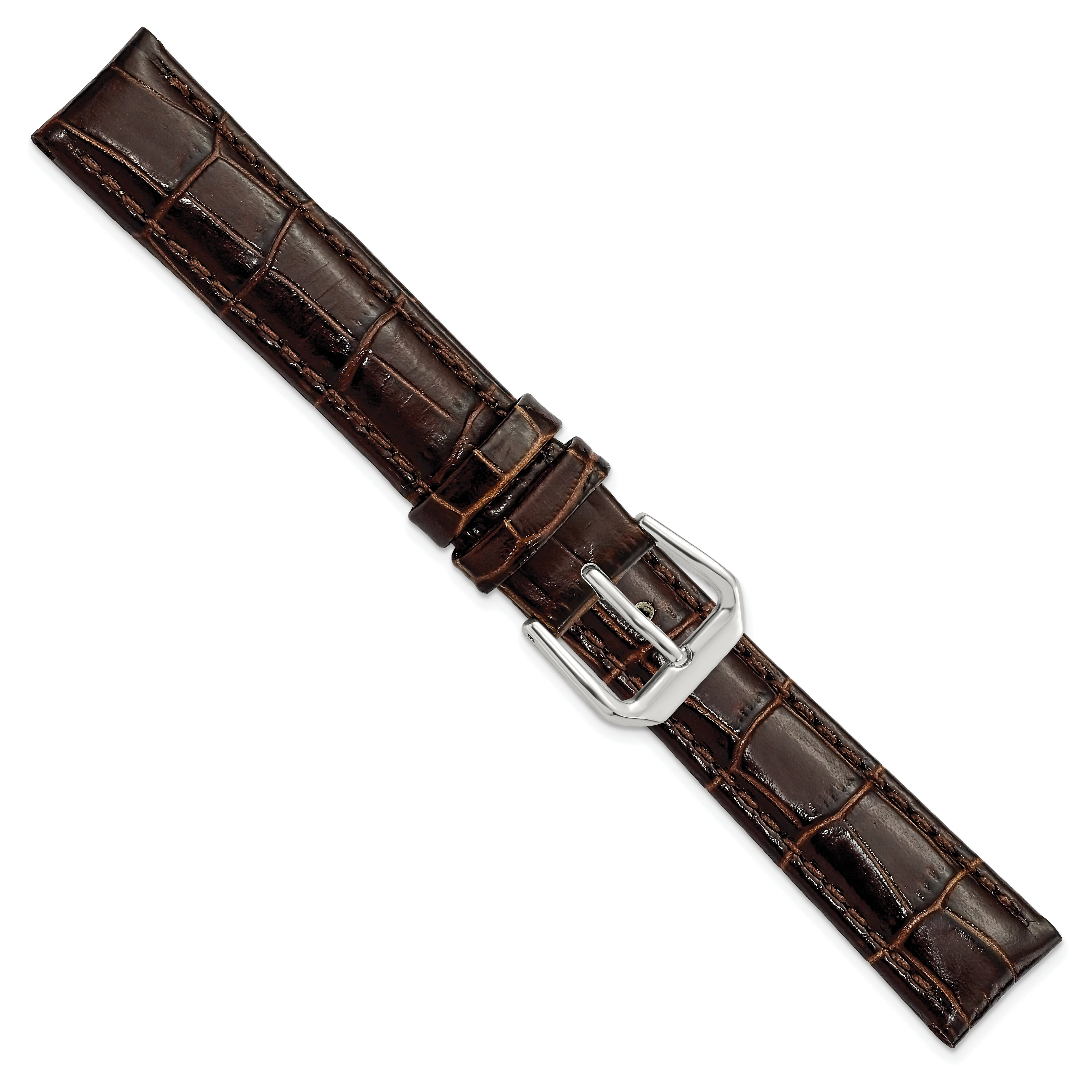 10mm Brown Crocodile Grain Leather with Dark Stitching and Silver-tone Buckle 6.75 inch Watch Band