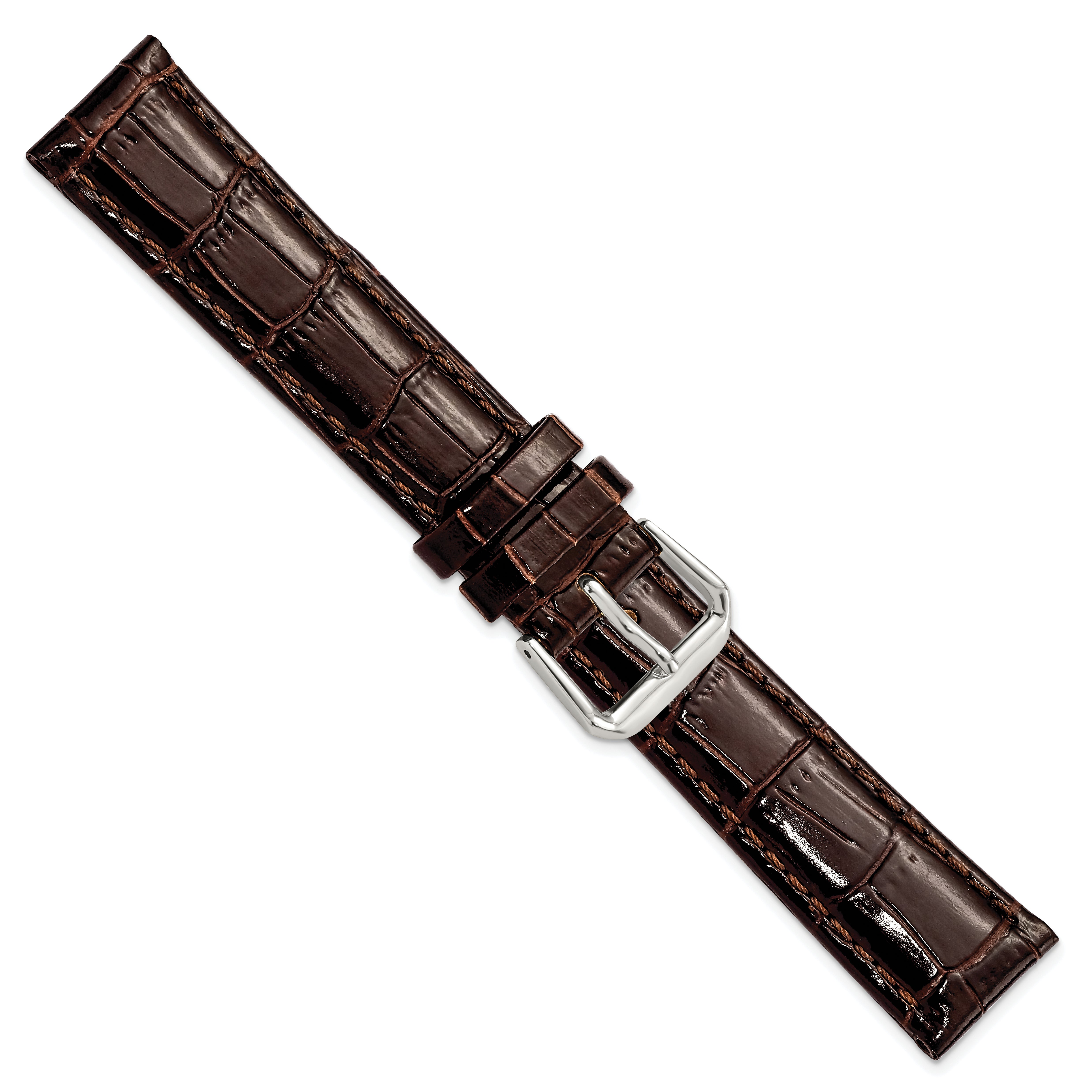 10mm Brown Crocodile Grain Leather with Dark Stitching and Silver-tone Buckle 6.75 inch Watch Band