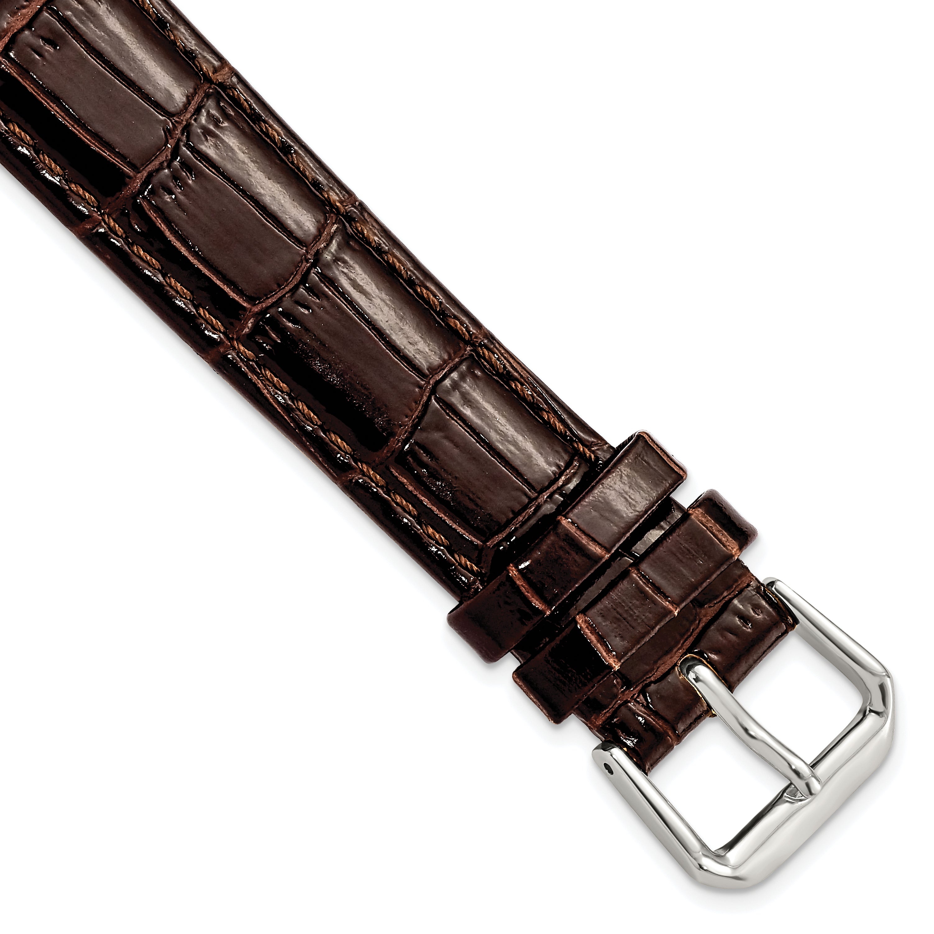 DeBeer 18mm Brown Crocodile Grain Leather with Dark Stitching and Silver-tone Buckle 7.5 inch Watch Band