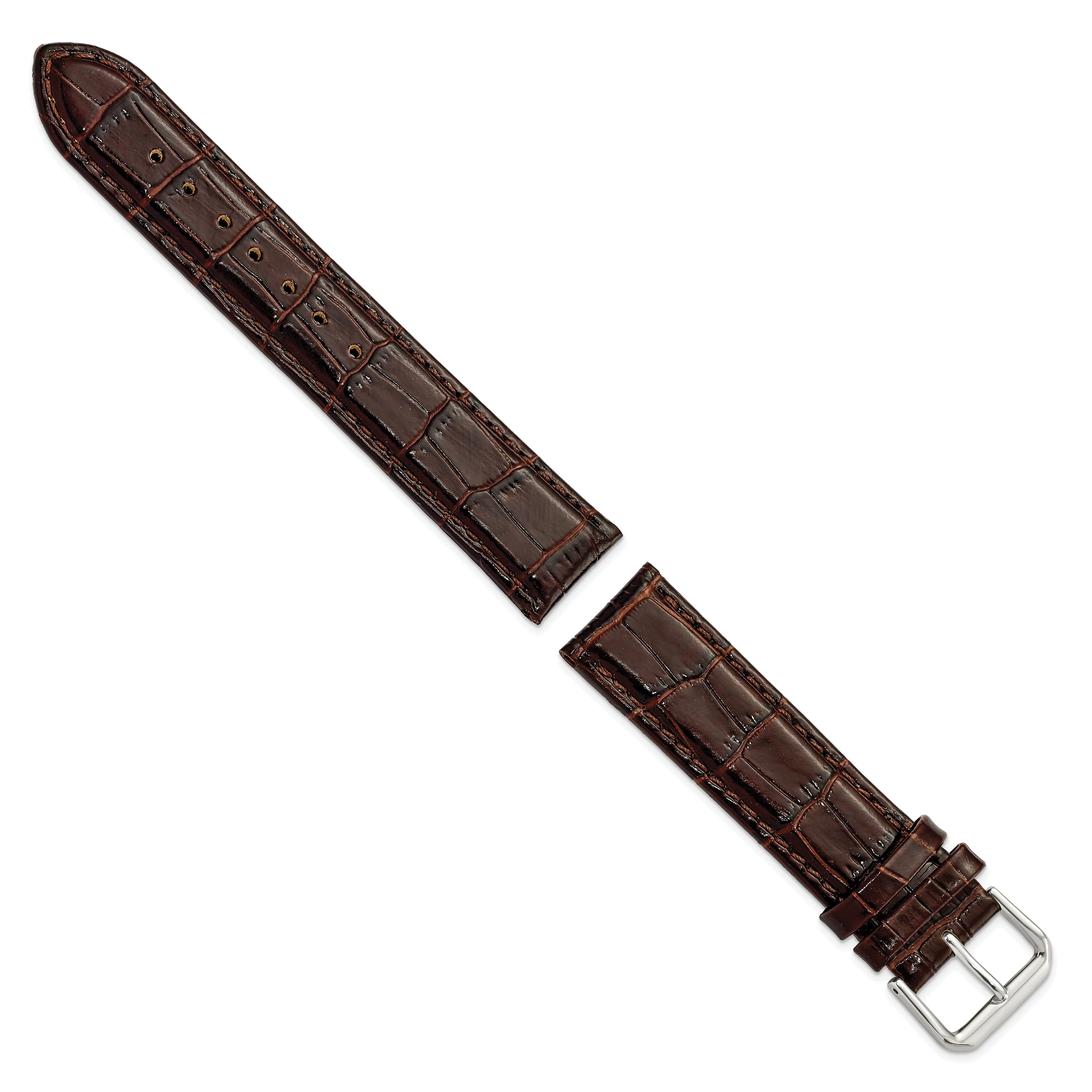 10mm Brown Crocodile Grain Leather with Dark Stitching and Silver-tone Buckle 6.75 inch Watch Band