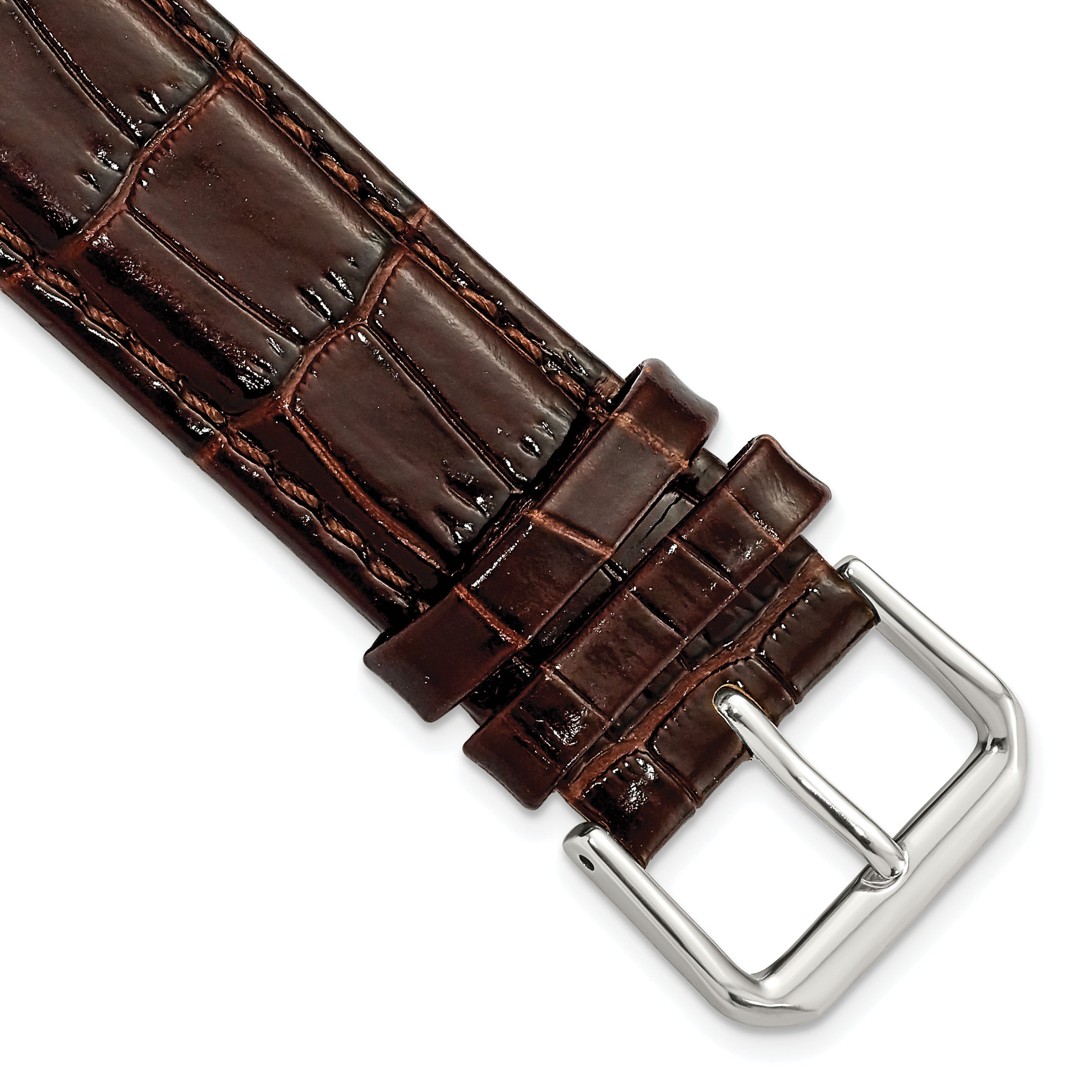 DeBeer 19mm Brown Crocodile Grain Leather with Dark Stitching and Silver-tone Buckle 7.5 inch Watch Band