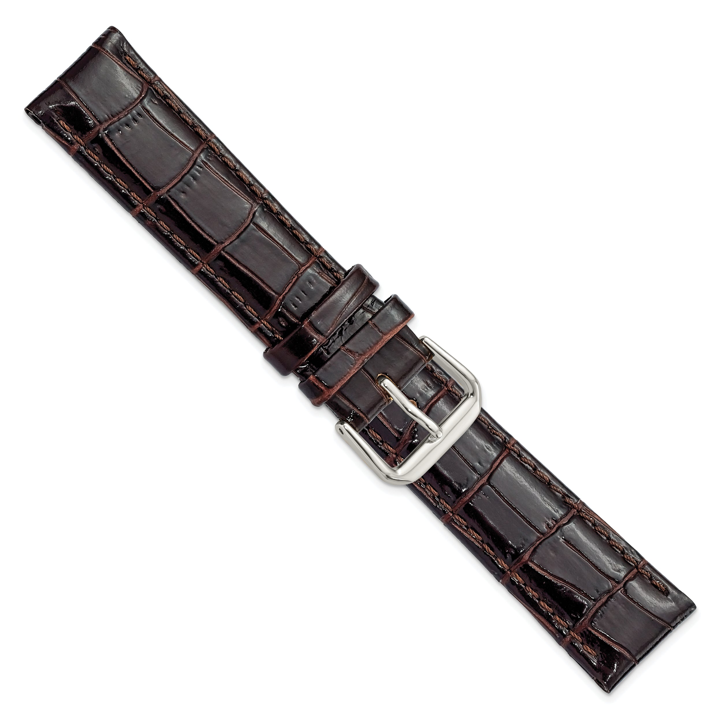 10mm Brown Crocodile Grain Leather with Dark Stitching and Silver-tone Buckle 6.75 inch Watch Band