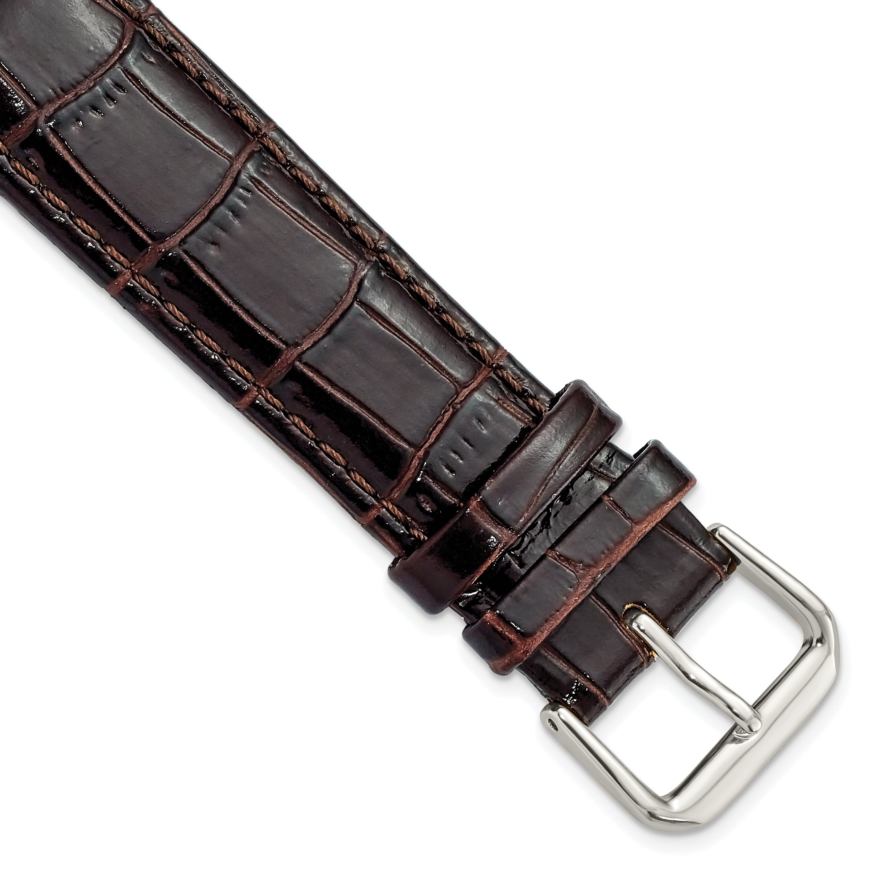 DeBeer 20mm Brown Crocodile Grain Leather with Dark Stitching and Silver-tone Buckle 7.5 inch Watch Band