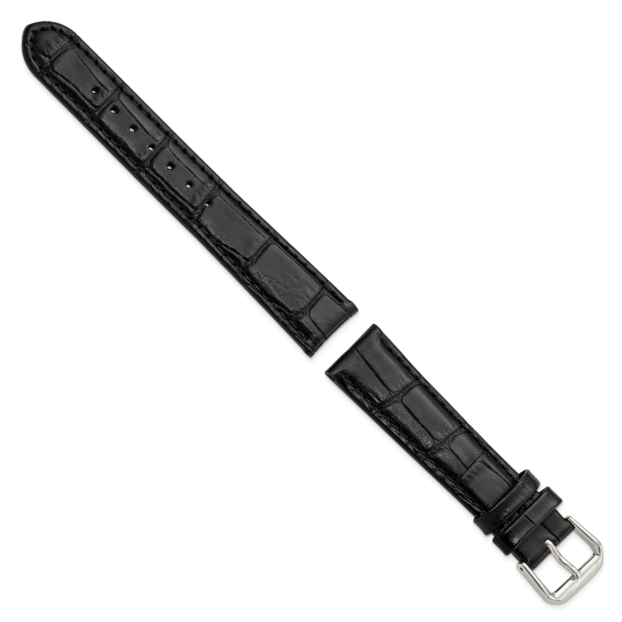 12mm Black Matte Wild Alligator Grain Leather with Silver-tone Buckle 6.75 inch  Watch Band