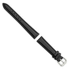 12mm Short Black Smooth Leather with Silver-tone Buckle 6.25 inch Watch Band