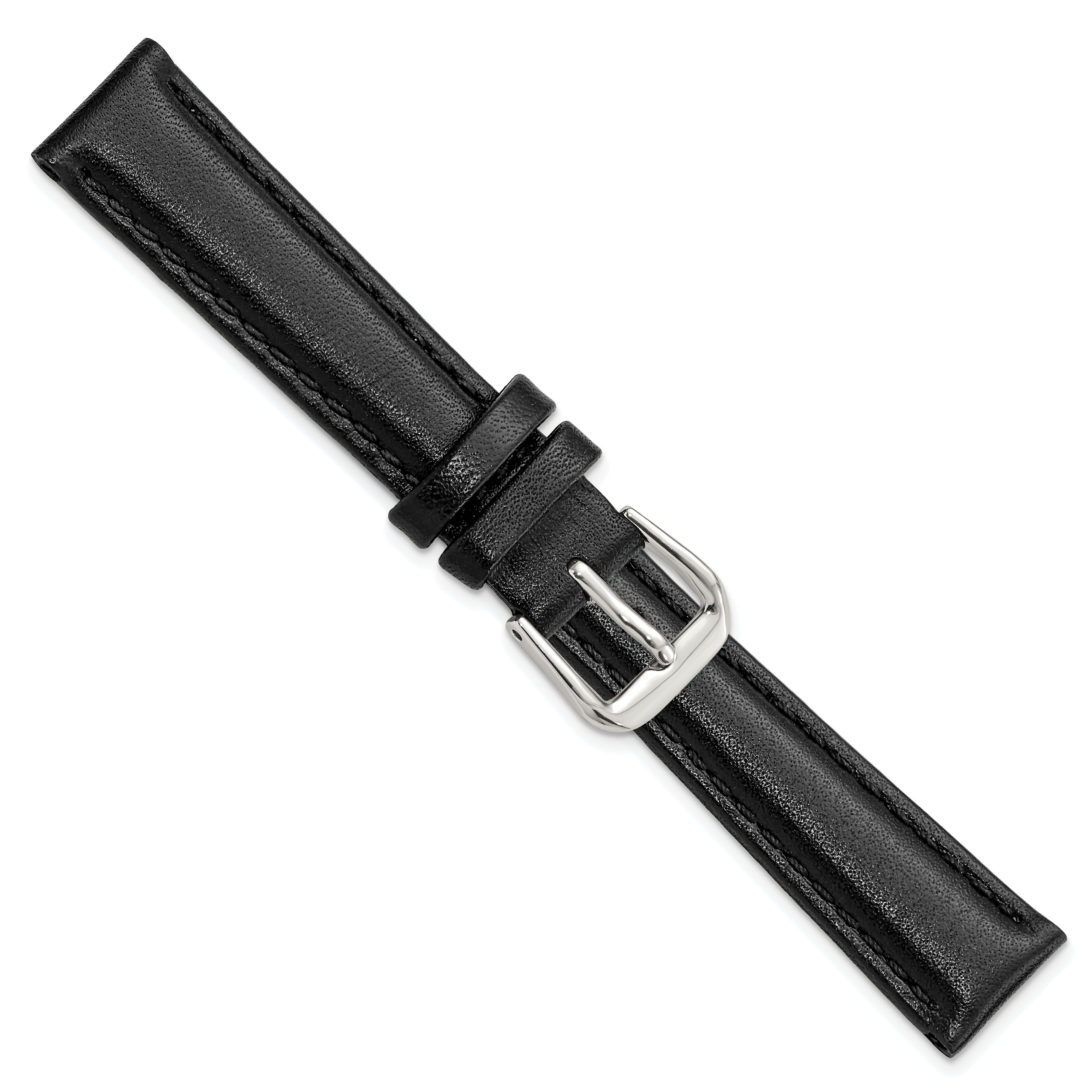 12mm Short Black Smooth Leather with Silver-tone Buckle 6.25 inch Watch Band