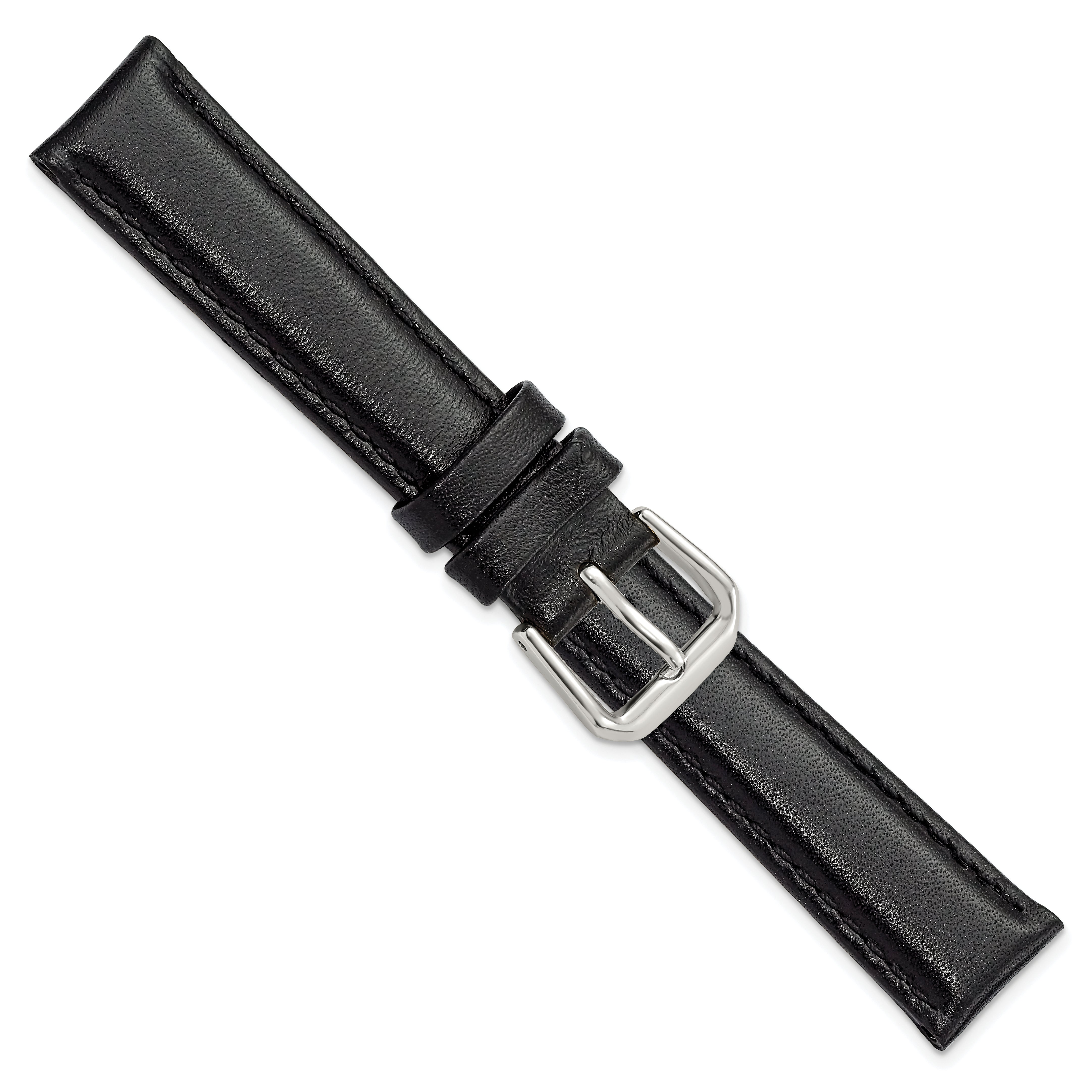 12mm Short Black Smooth Leather with Silver-tone Buckle 6.25 inch Watch Band