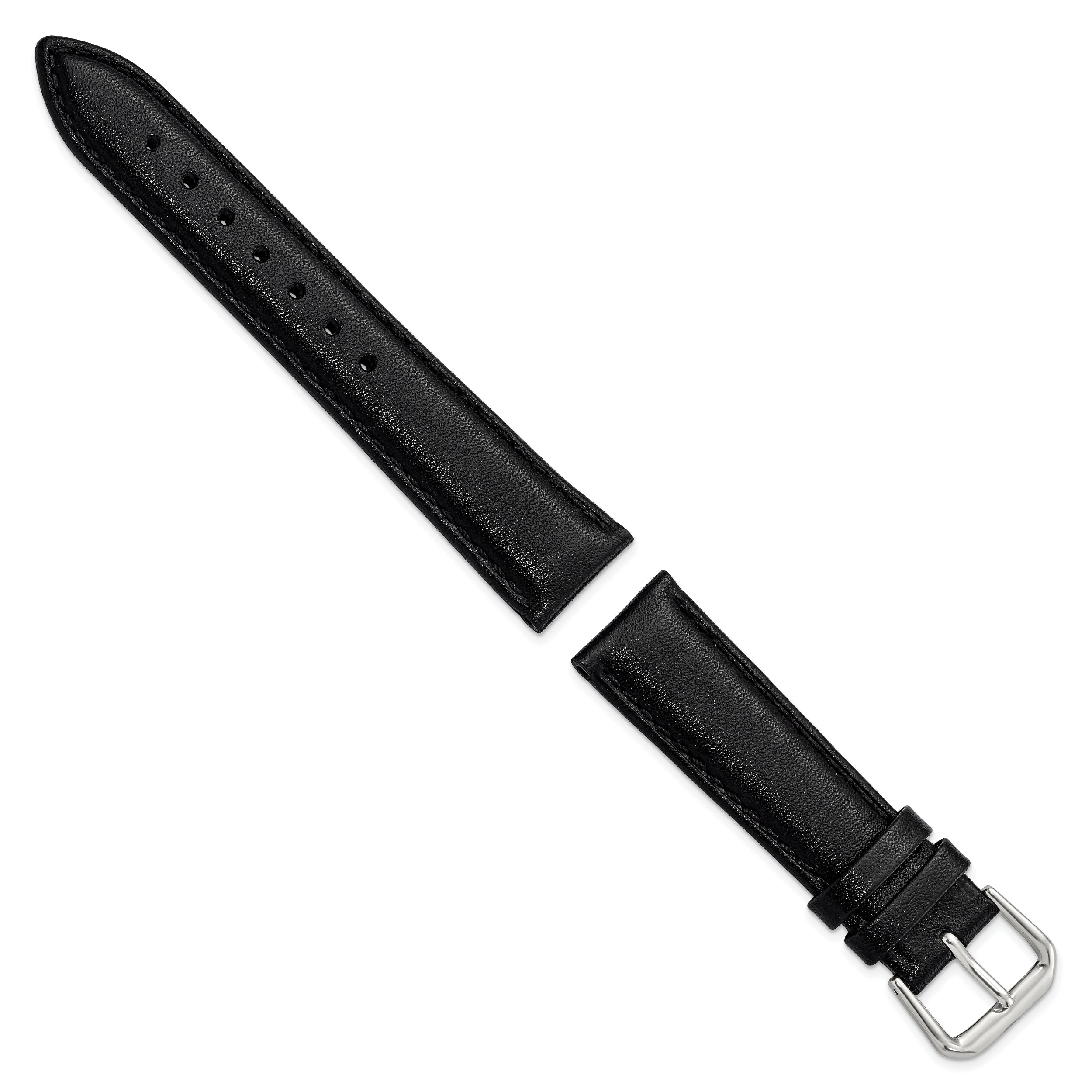 12mm Short Black Smooth Leather with Silver-tone Buckle 6.25 inch Watch Band