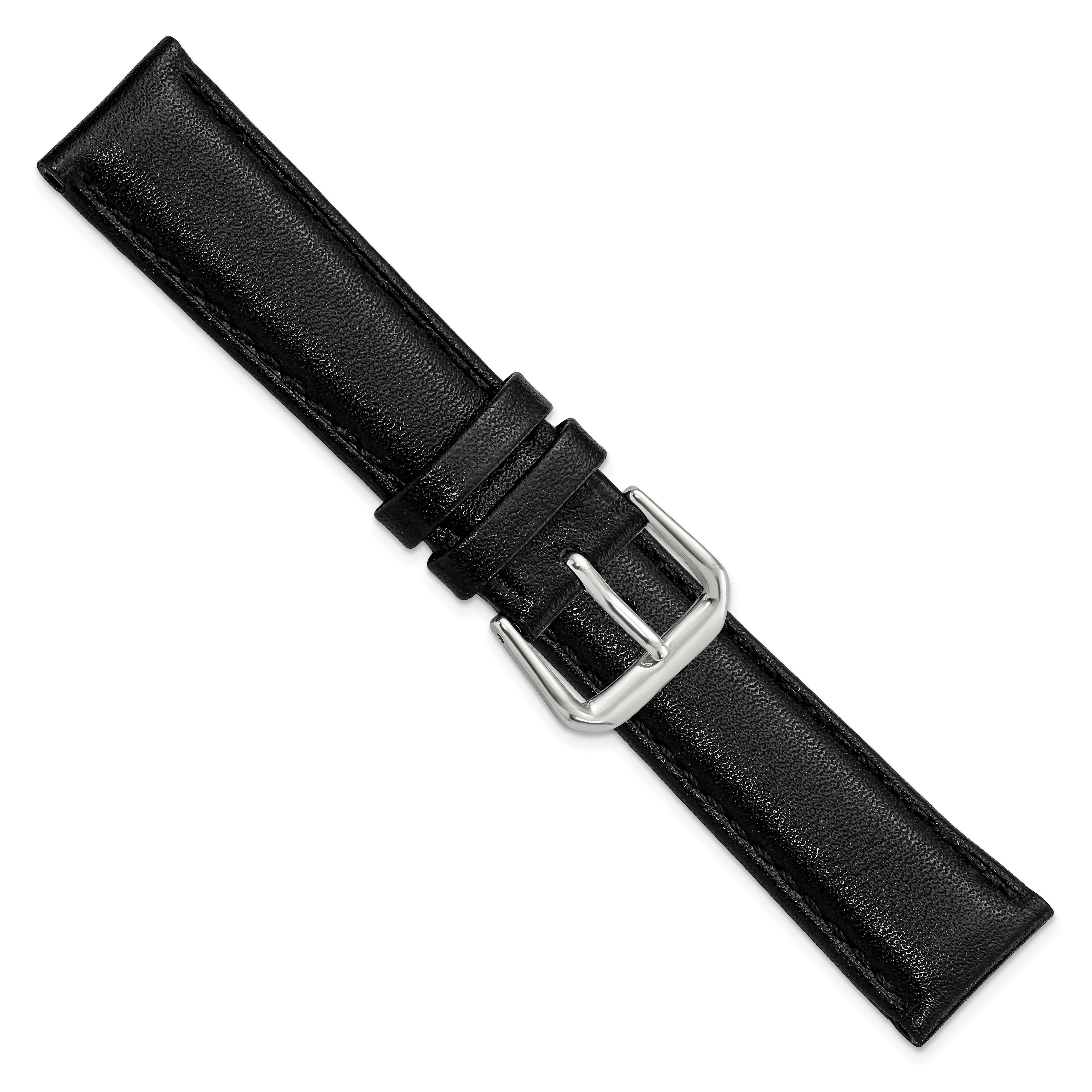 12mm Short Black Smooth Leather with Silver-tone Buckle 6.25 inch Watch Band