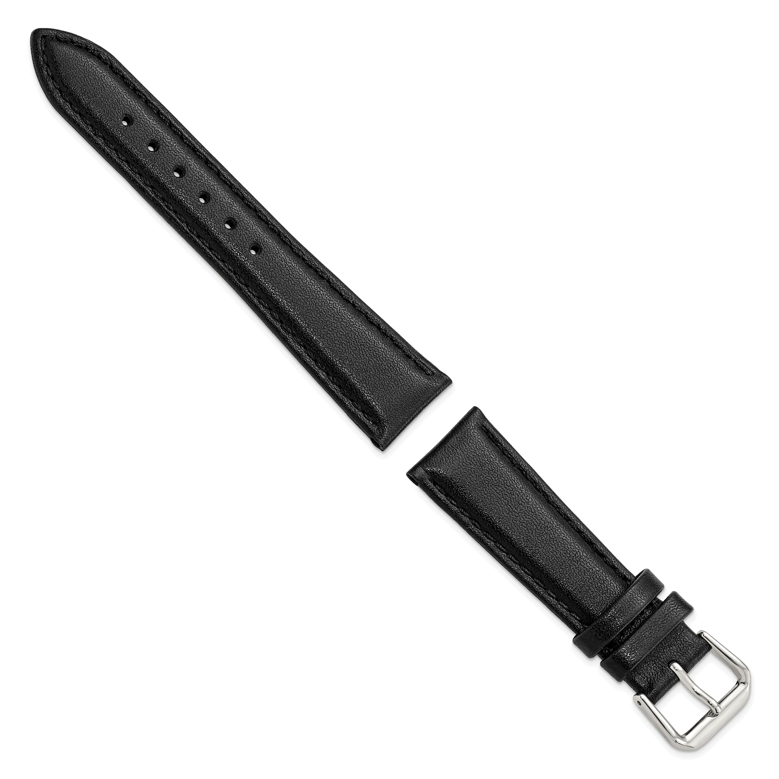 12mm Short Black Smooth Leather with Silver-tone Buckle 6.25 inch Watch Band