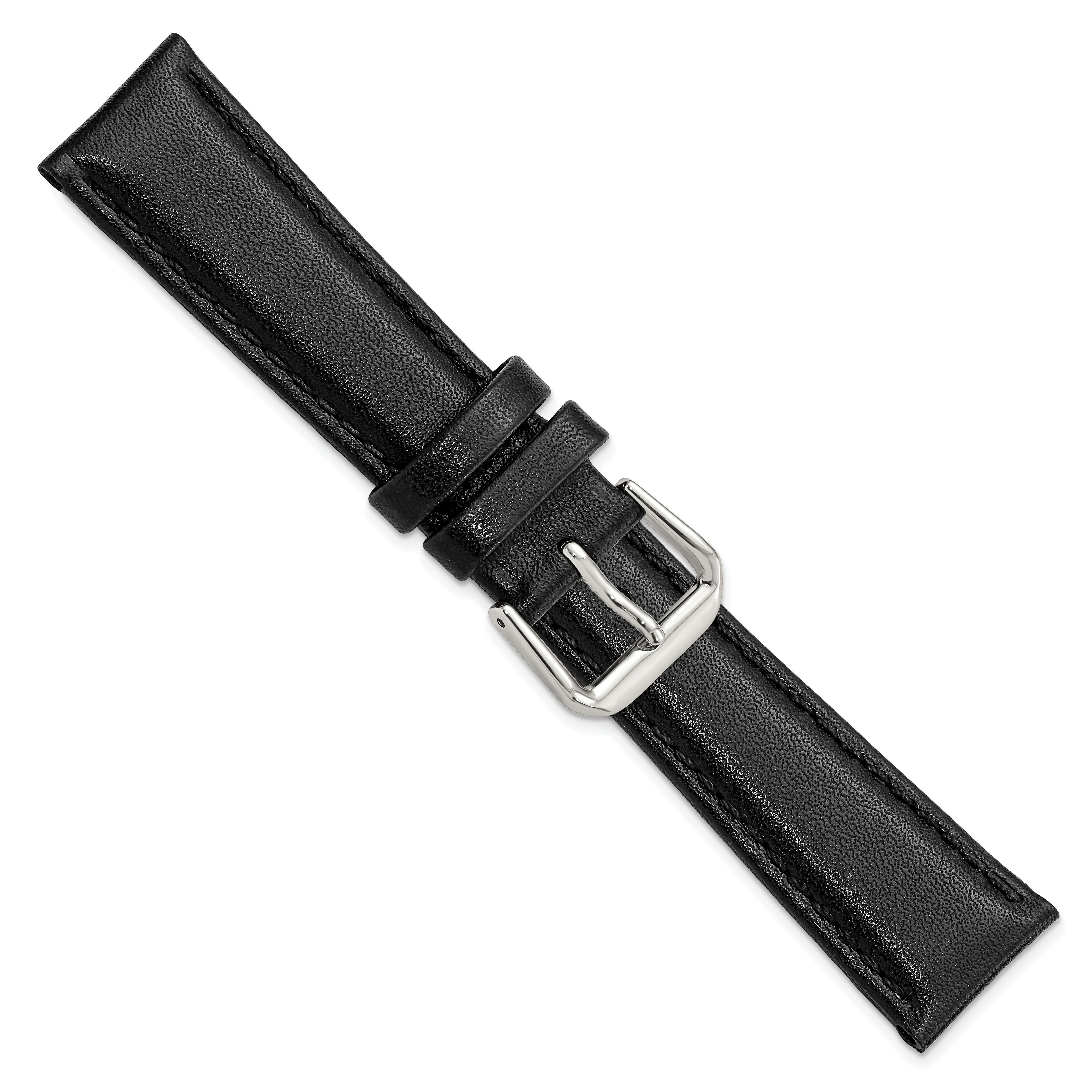 12mm Short Black Smooth Leather with Silver-tone Buckle 6.25 inch Watch Band