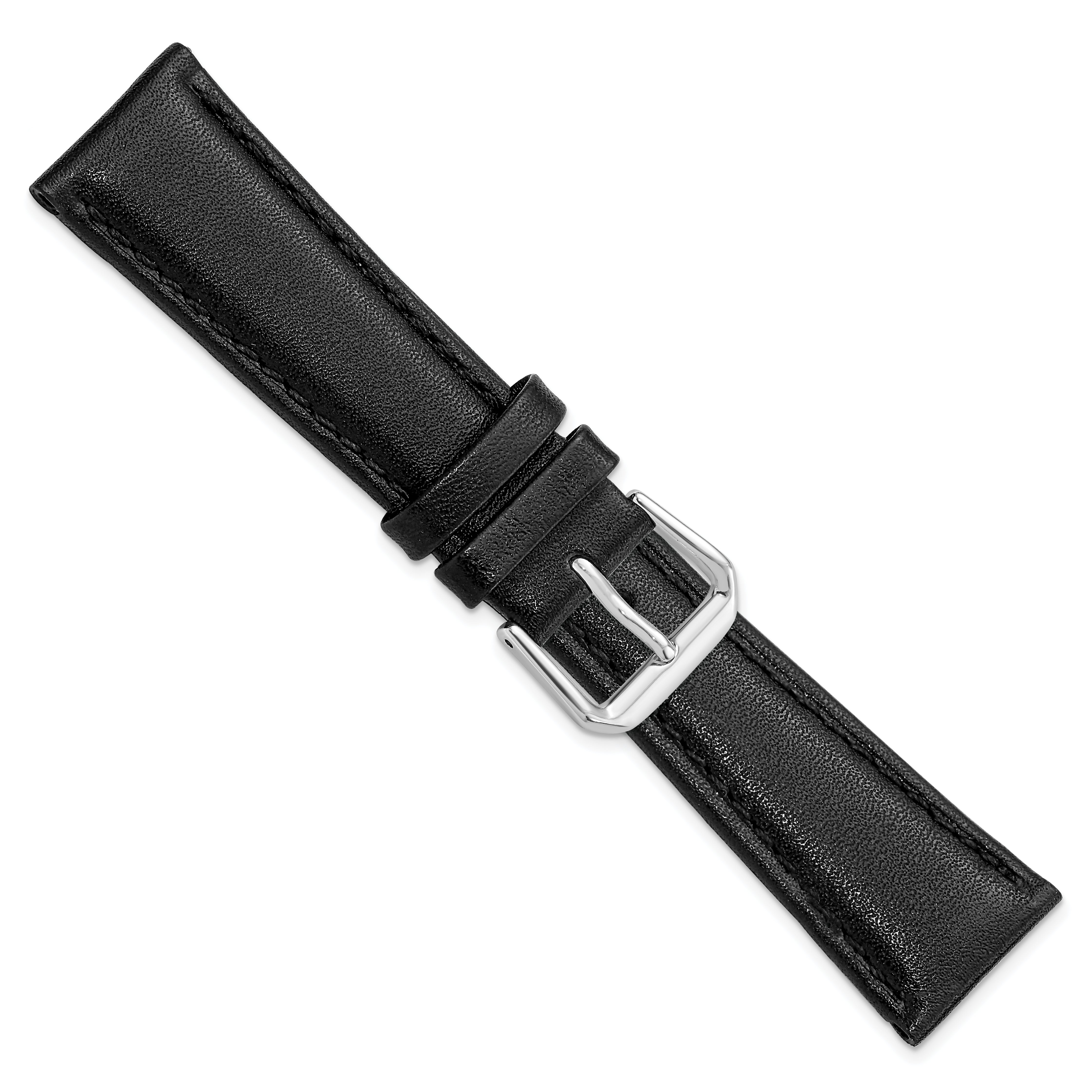 12mm Short Black Smooth Leather with Silver-tone Buckle 6.25 inch Watch Band