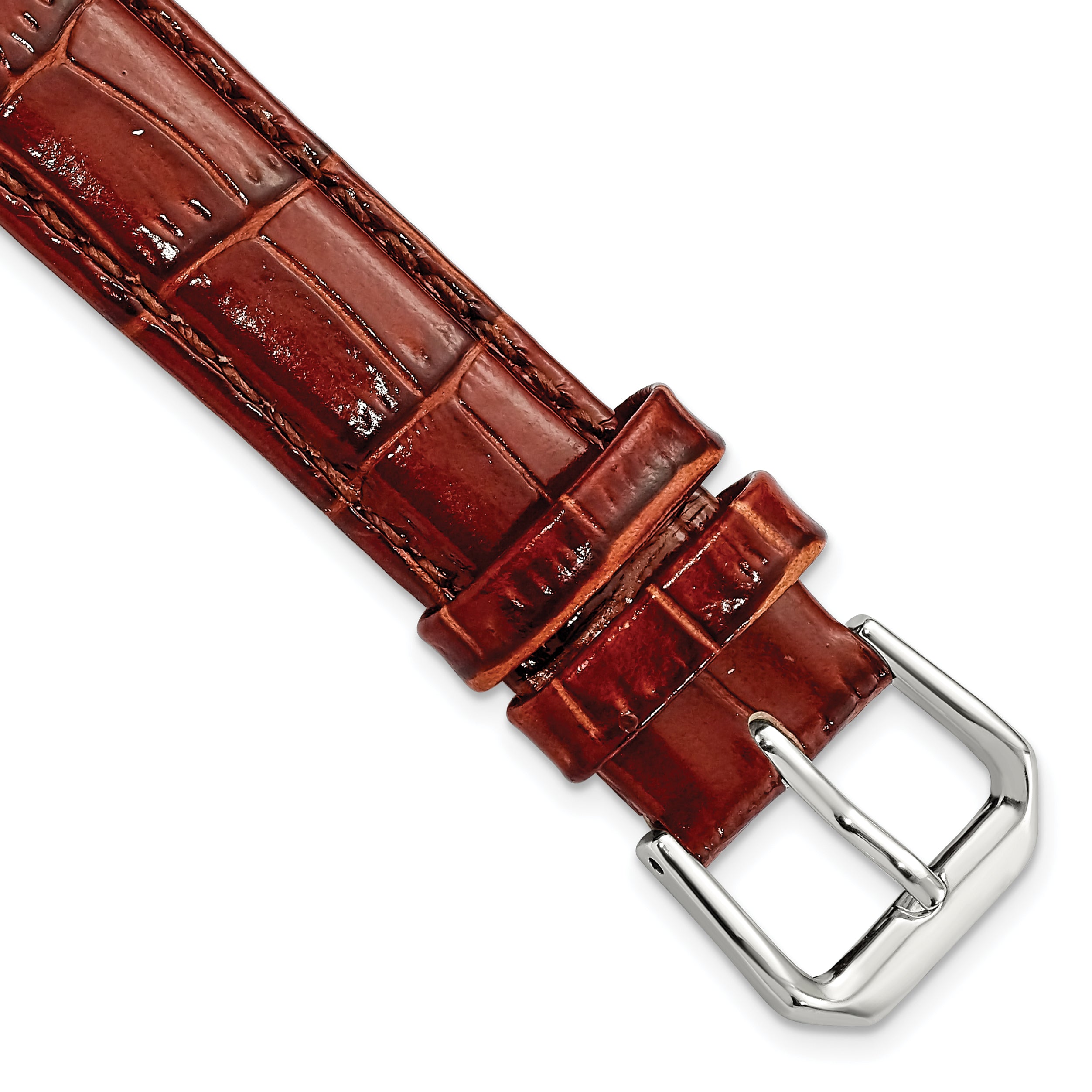 DeBeer 16mm Havana Crocodile Grain Leather with Dark Stitching and Silver-tone Buckle 7.5 inch Watch Band