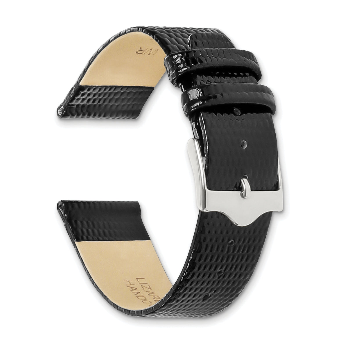 12mm Flat Black Lizard Grain Leather with Silver-tone Buckle 6.75 inch Watch Band