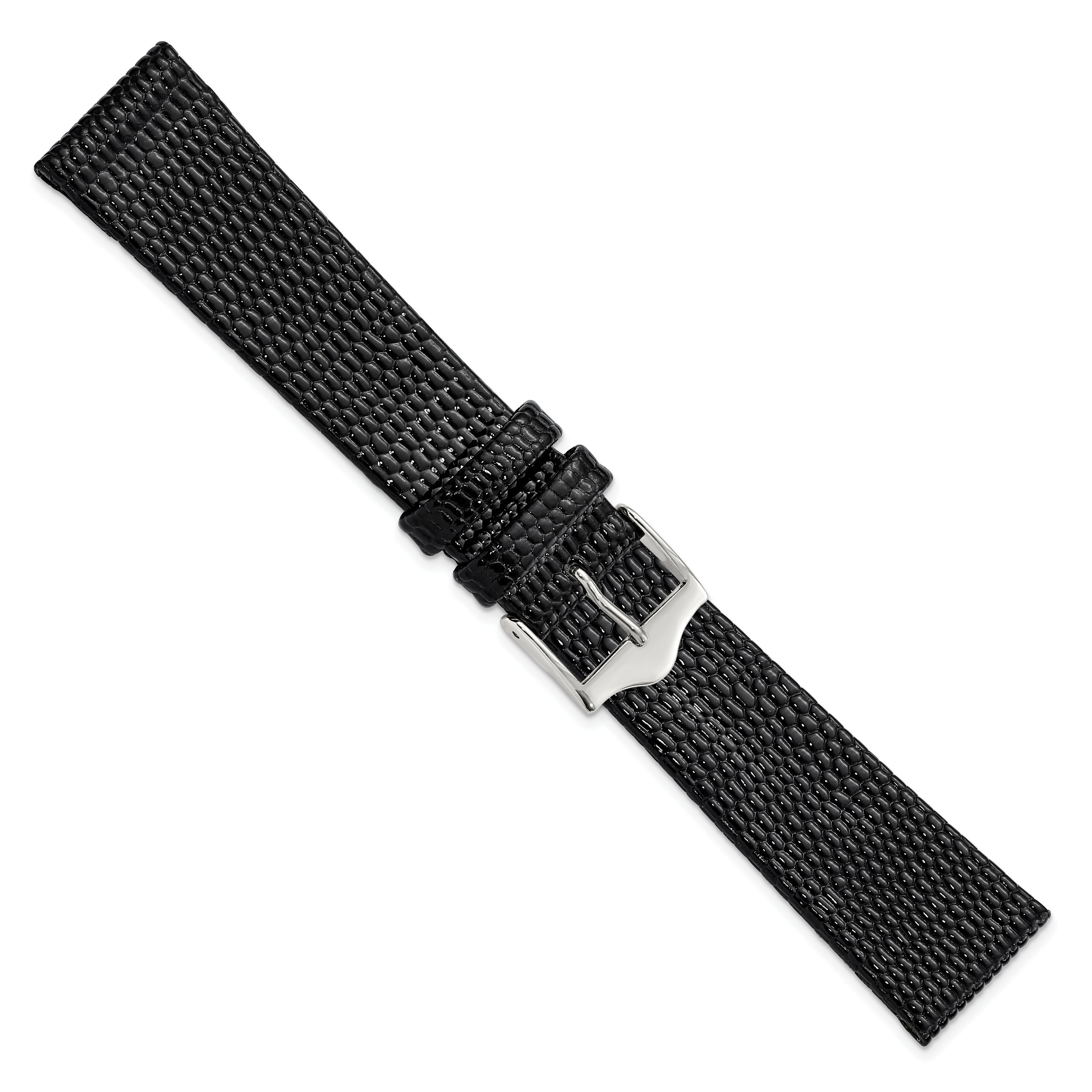 12mm Flat Black Lizard Grain Leather with Silver-tone Buckle 6.75 inch Watch Band