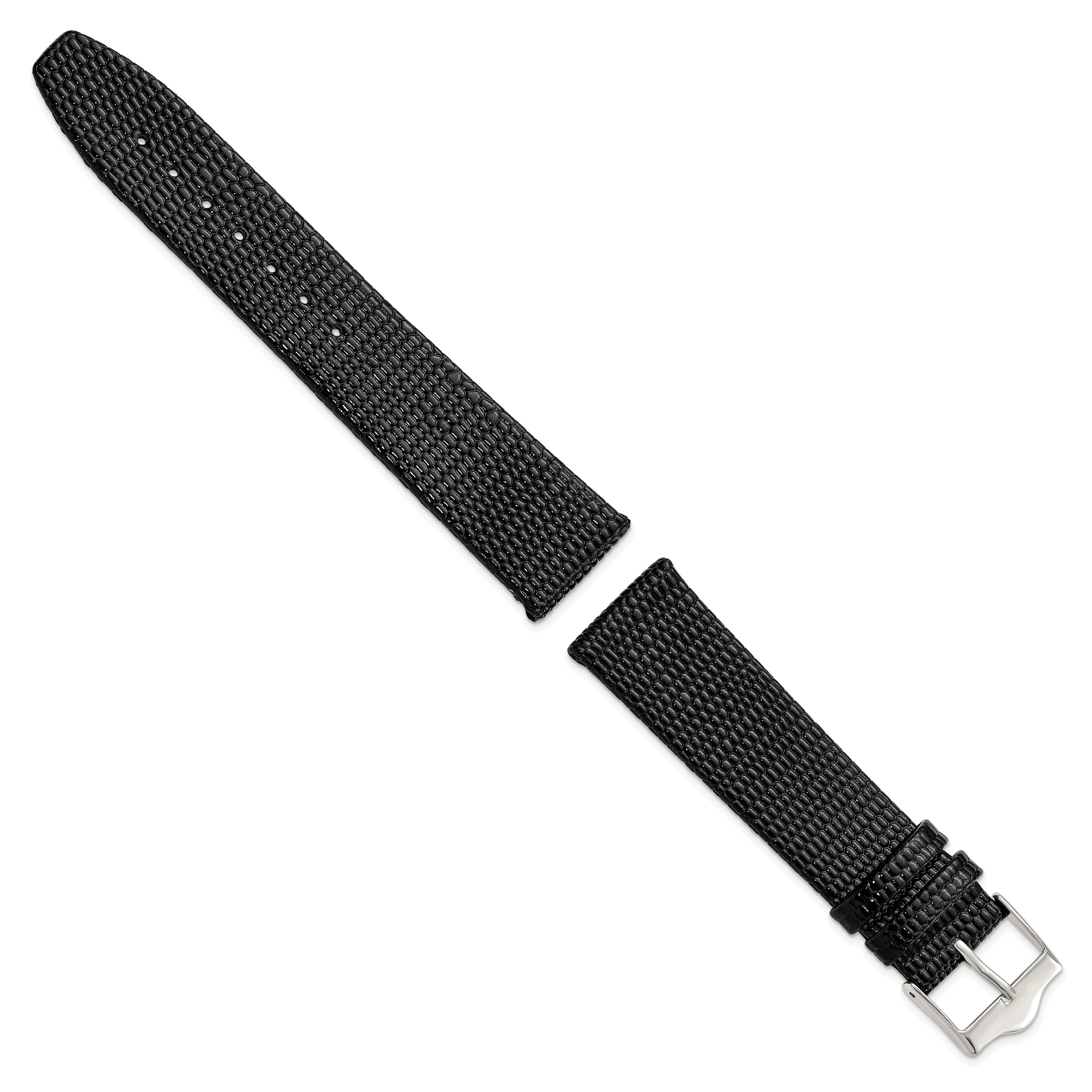 12mm Flat Black Lizard Grain Leather with Silver-tone Buckle 6.75 inch Watch Band