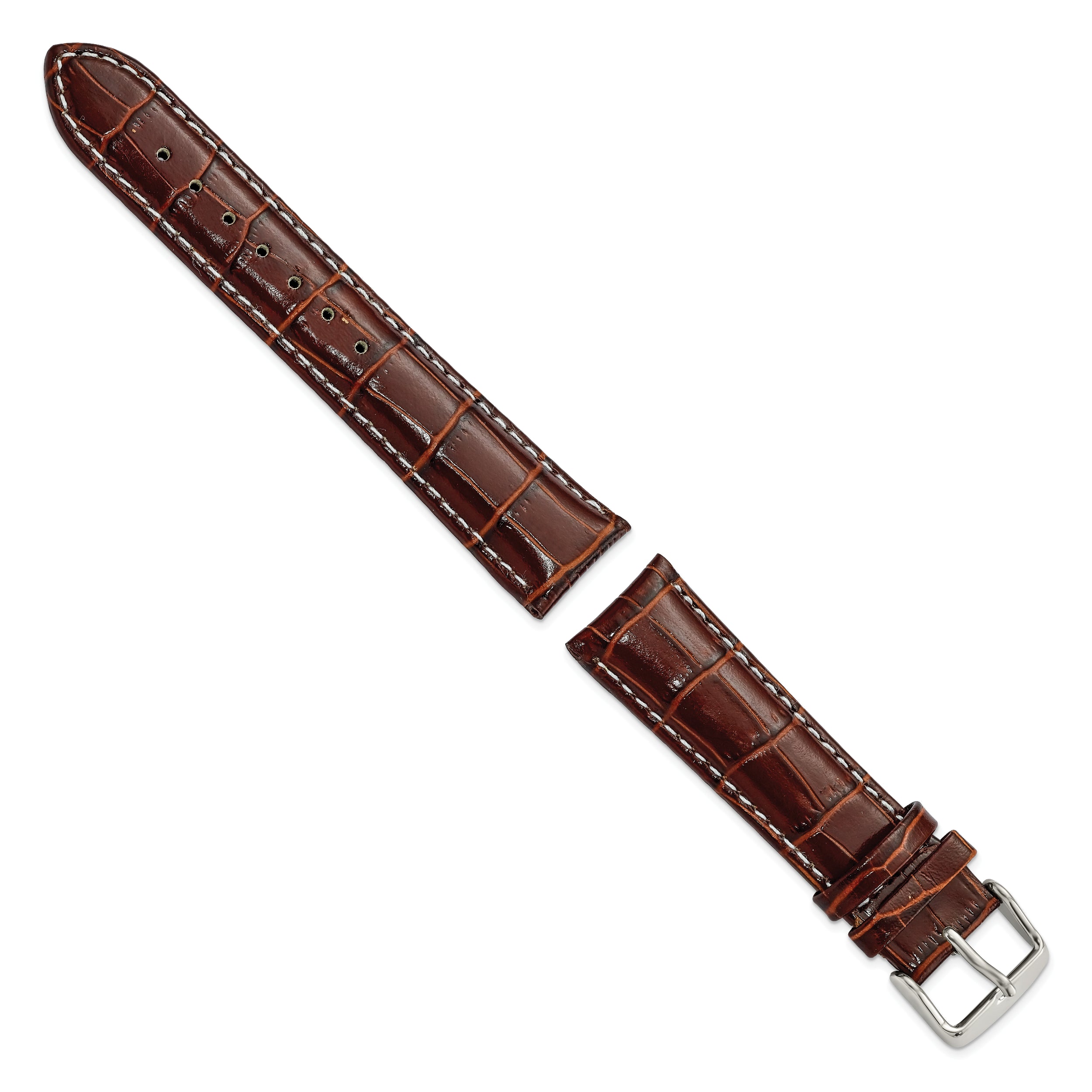 18mm Havana Crocodile Grain Chronograph Leather with White Stitching and Sliver-tone Buckle 7.5 inch Watch Band