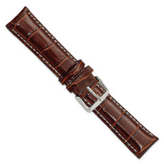 18mm Havana Crocodile Grain Chronograph Leather with White Stitching and Sliver-tone Buckle 7.5 inch Watch Band