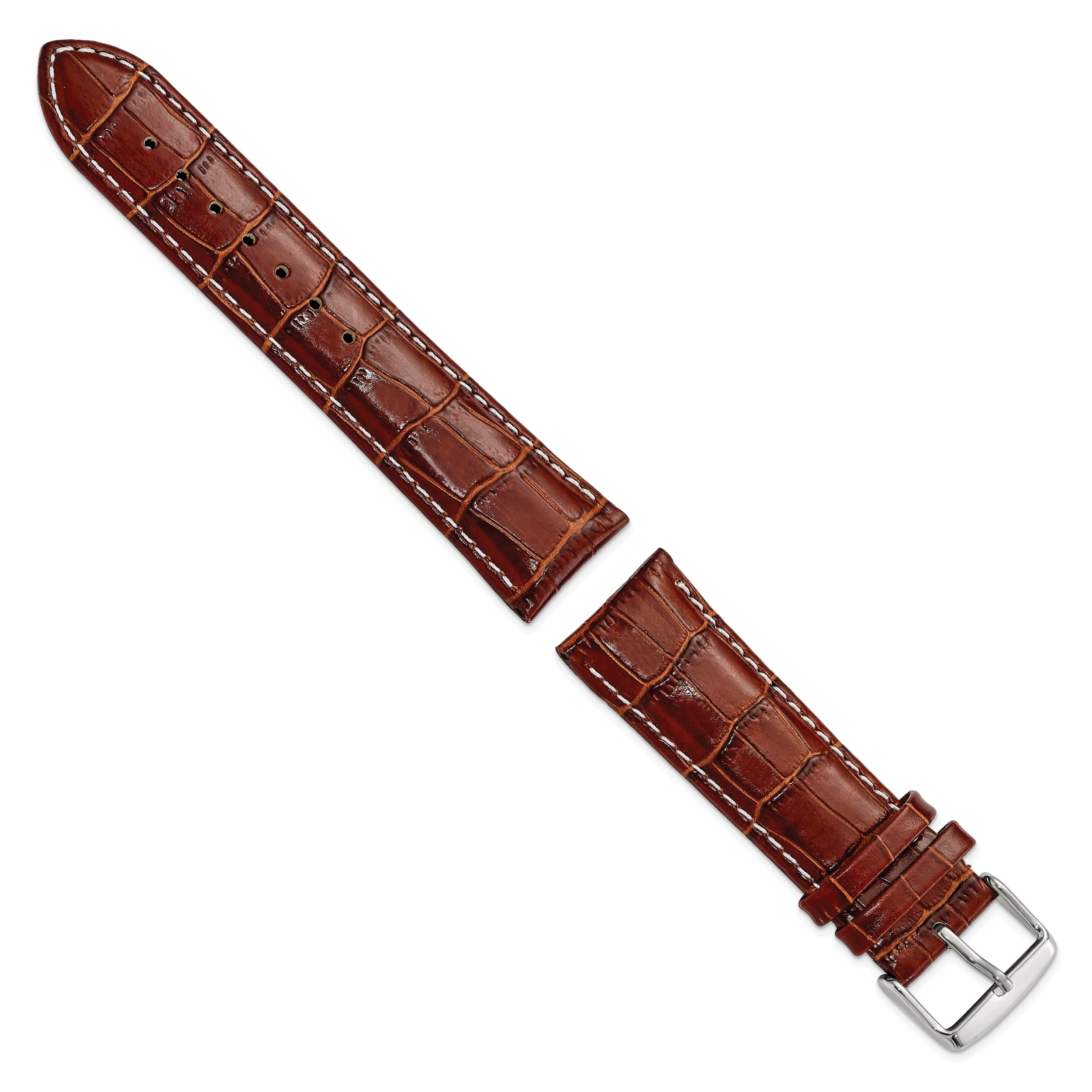 18mm Havana Crocodile Grain Chronograph Leather with White Stitching and Sliver-tone Buckle 7.5 inch Watch Band