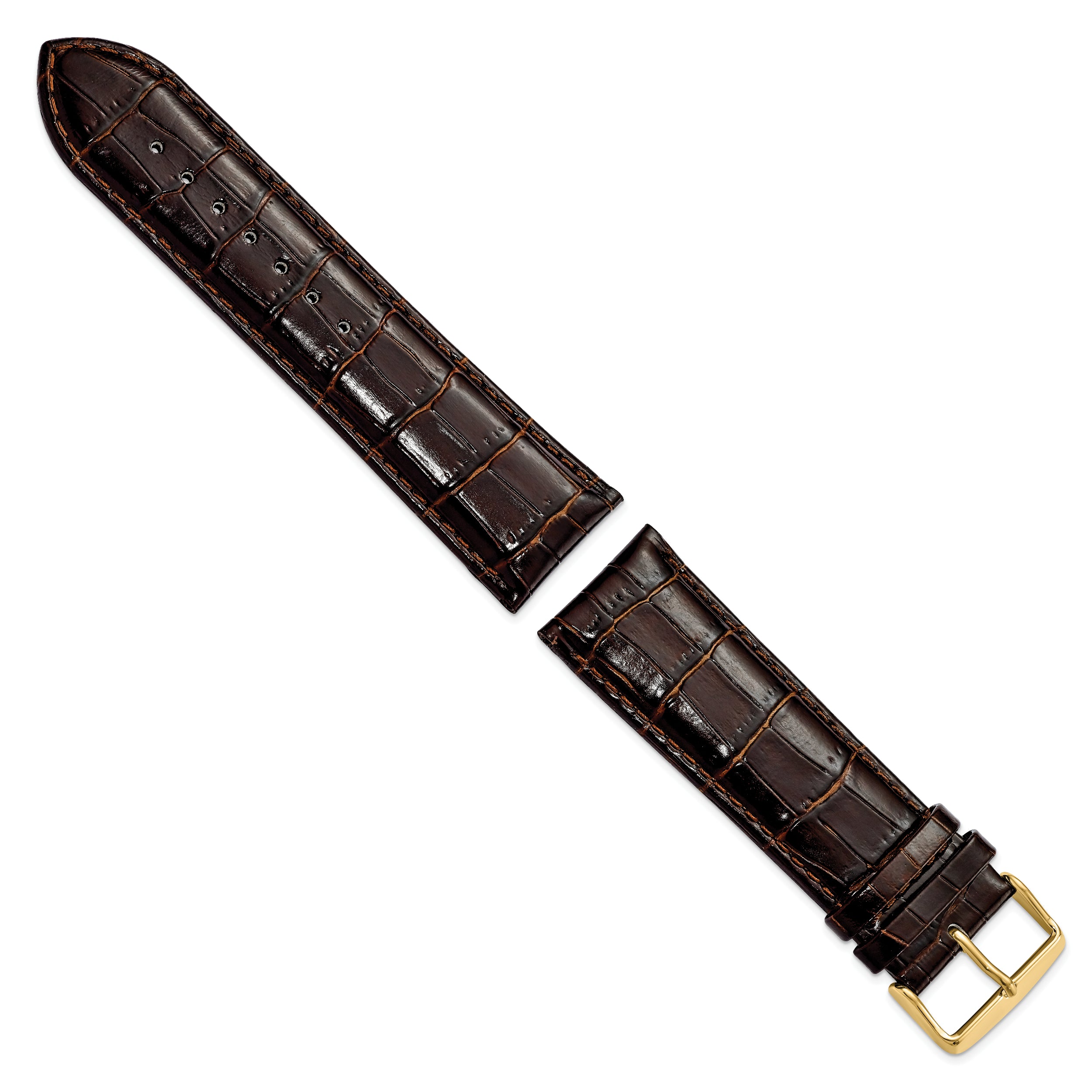 22mm Long Dark Brown Crocodile Grain Chronograph Leather with Gold-tone Buckle 8.5 inch Watch Band