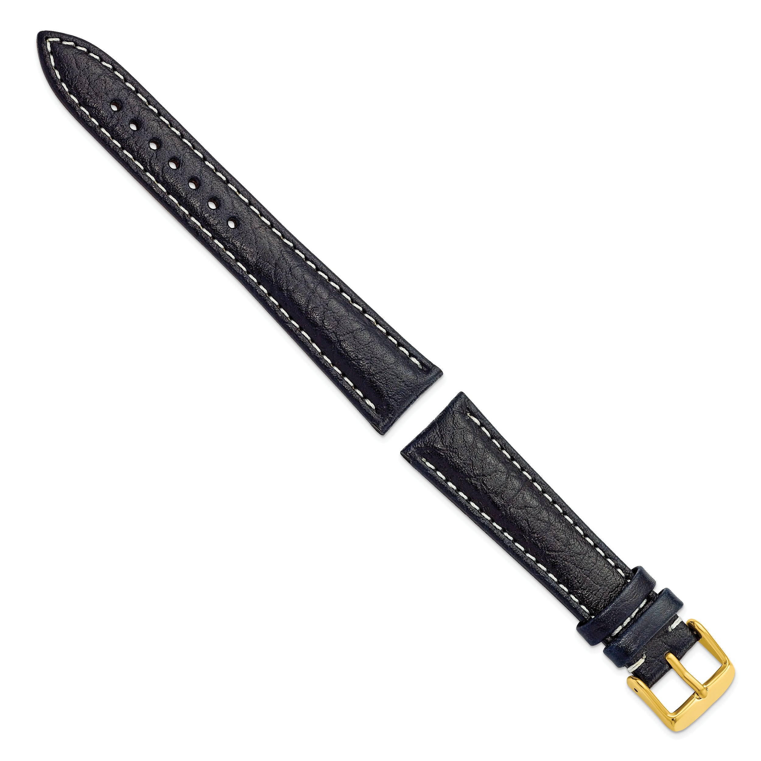 16mm Navy Sport Leather with White Stitching and Gold-tone Buckle 7.5 inch Watch Band