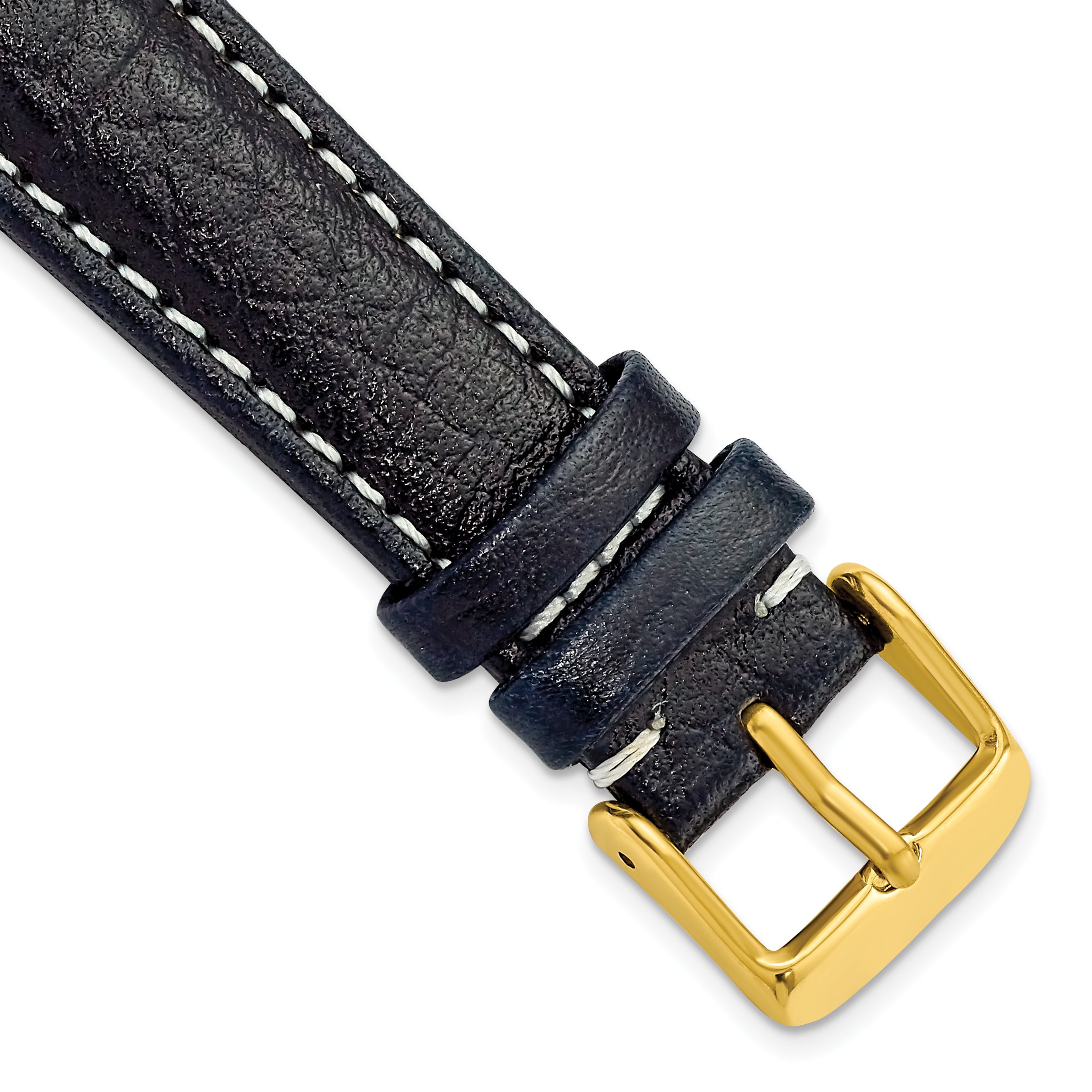 DeBeer 19mm Navy Sport Leather with White Stitching and Gold-tone Buckle 7.5 inch Watch Band