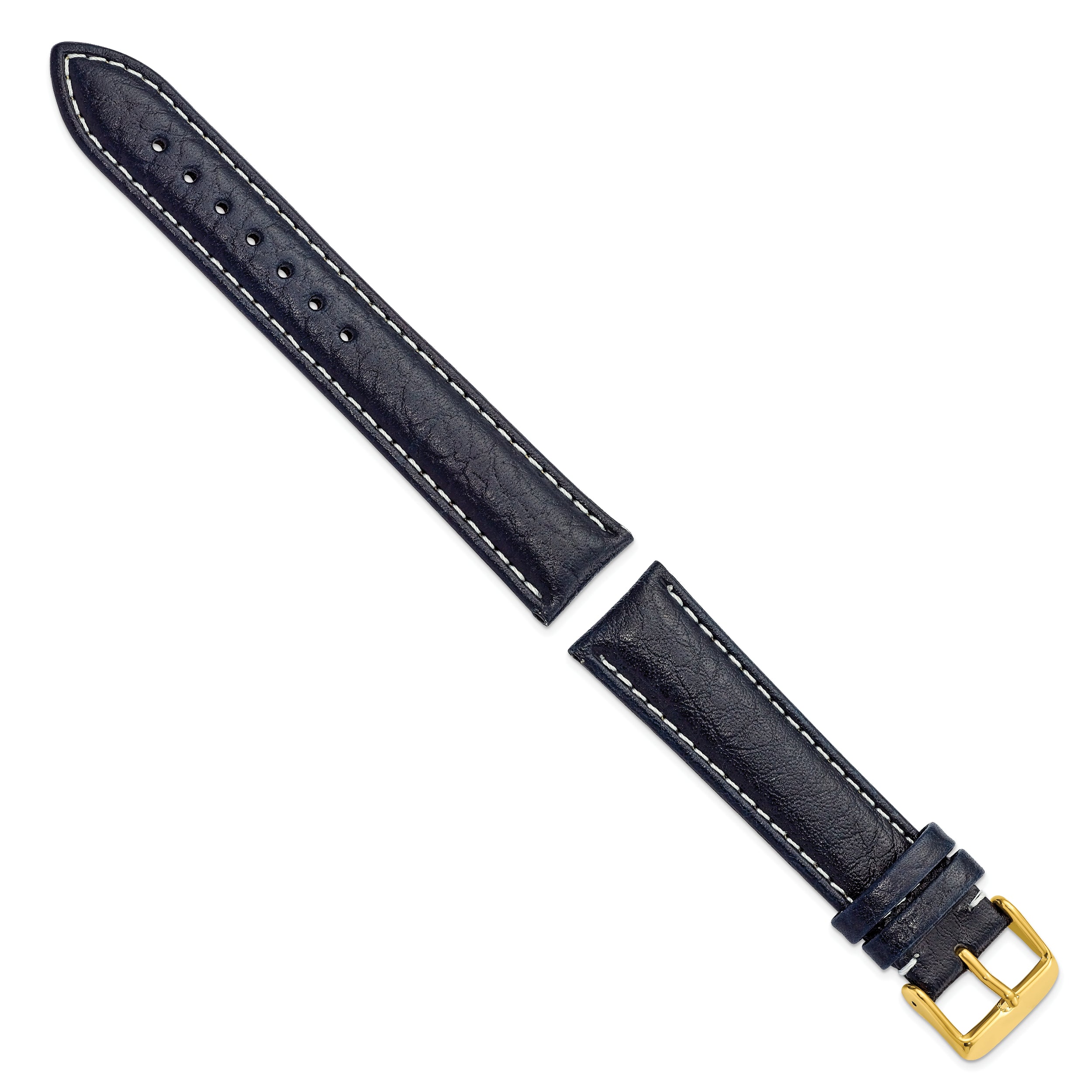 16mm Navy Sport Leather with White Stitching and Gold-tone Buckle 7.5 inch Watch Band