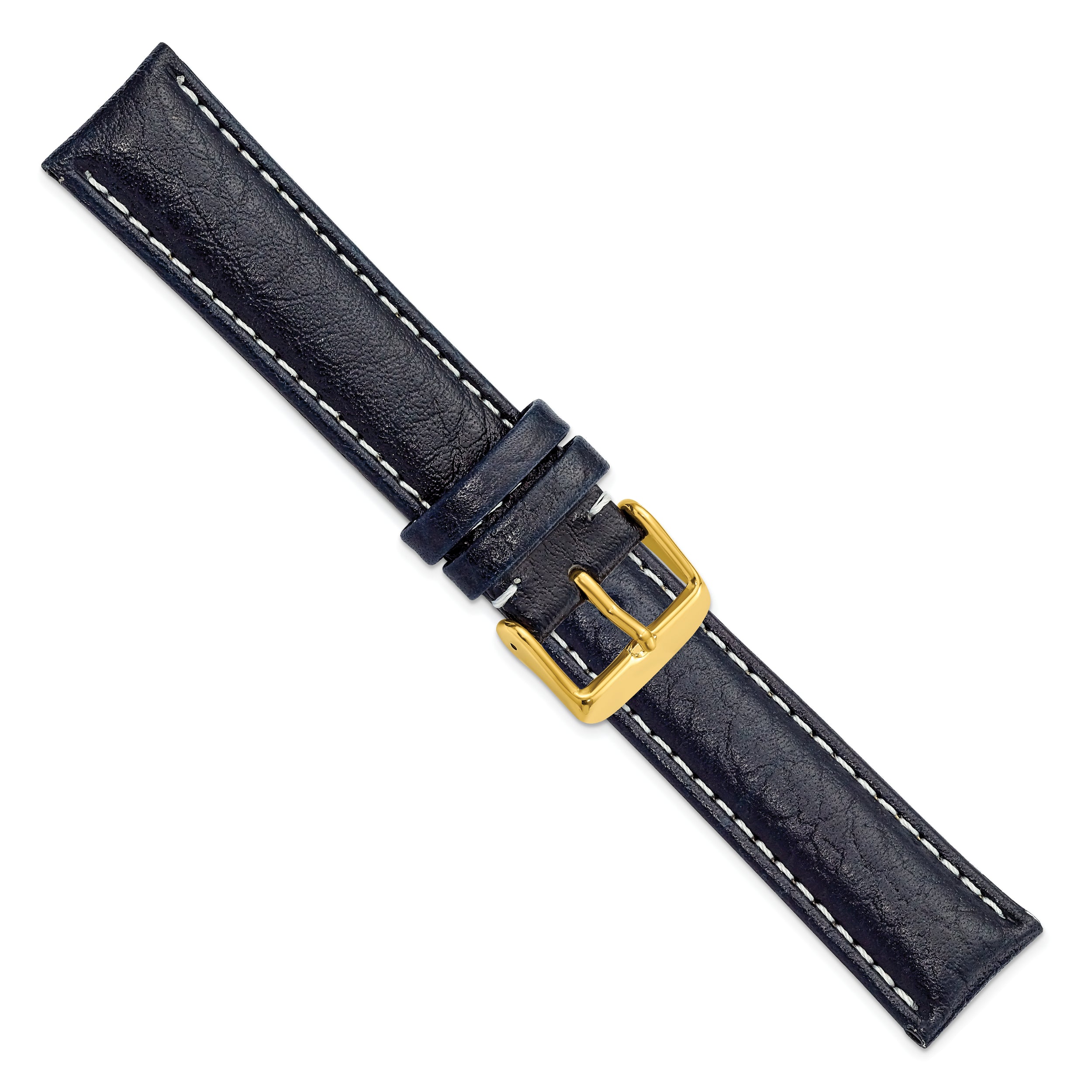 16mm Navy Sport Leather with White Stitching and Gold-tone Buckle 7.5 inch Watch Band