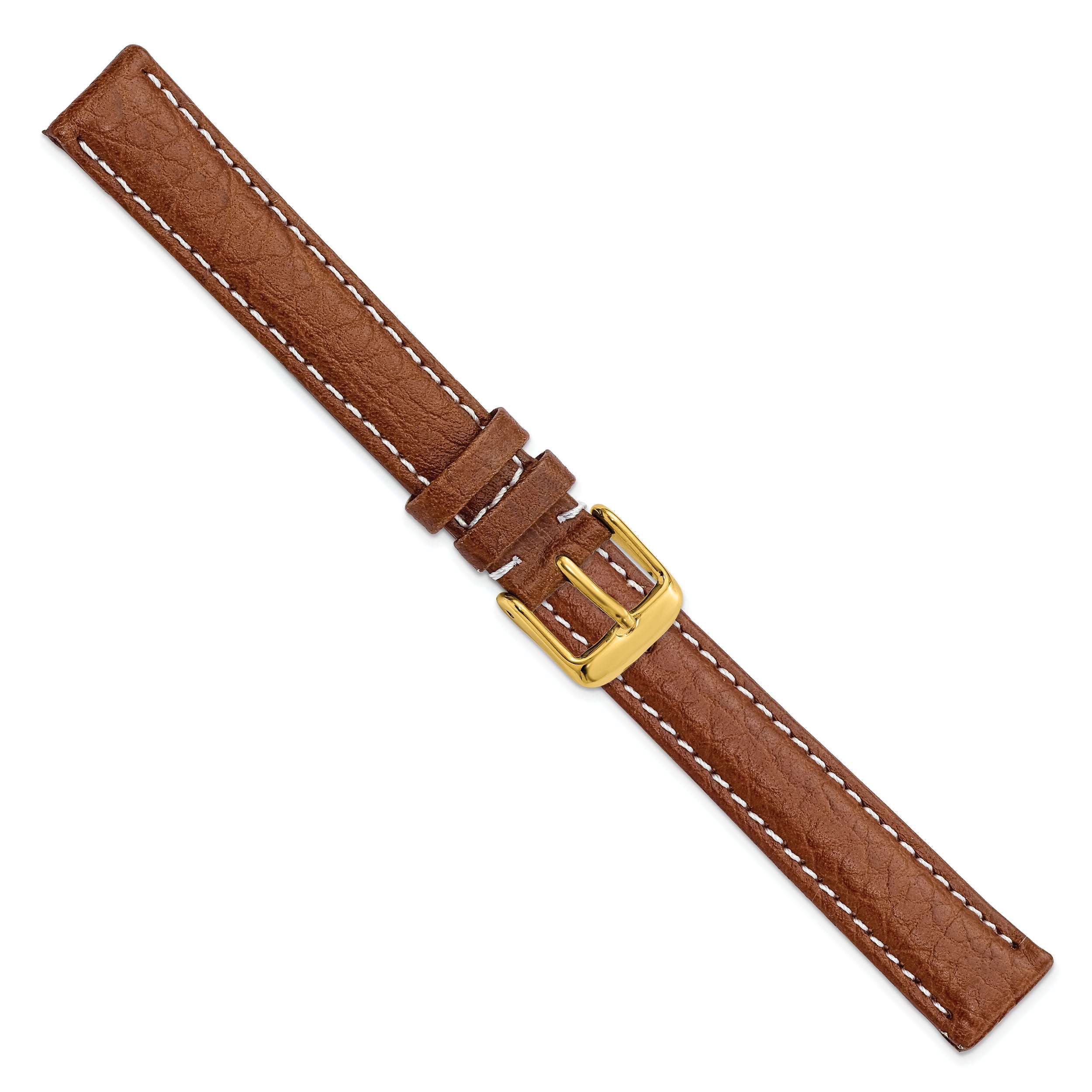 16mm Long Havana Sport Leather with White Stitching and Gold-tone Buckle 8.5 inch Watch Band