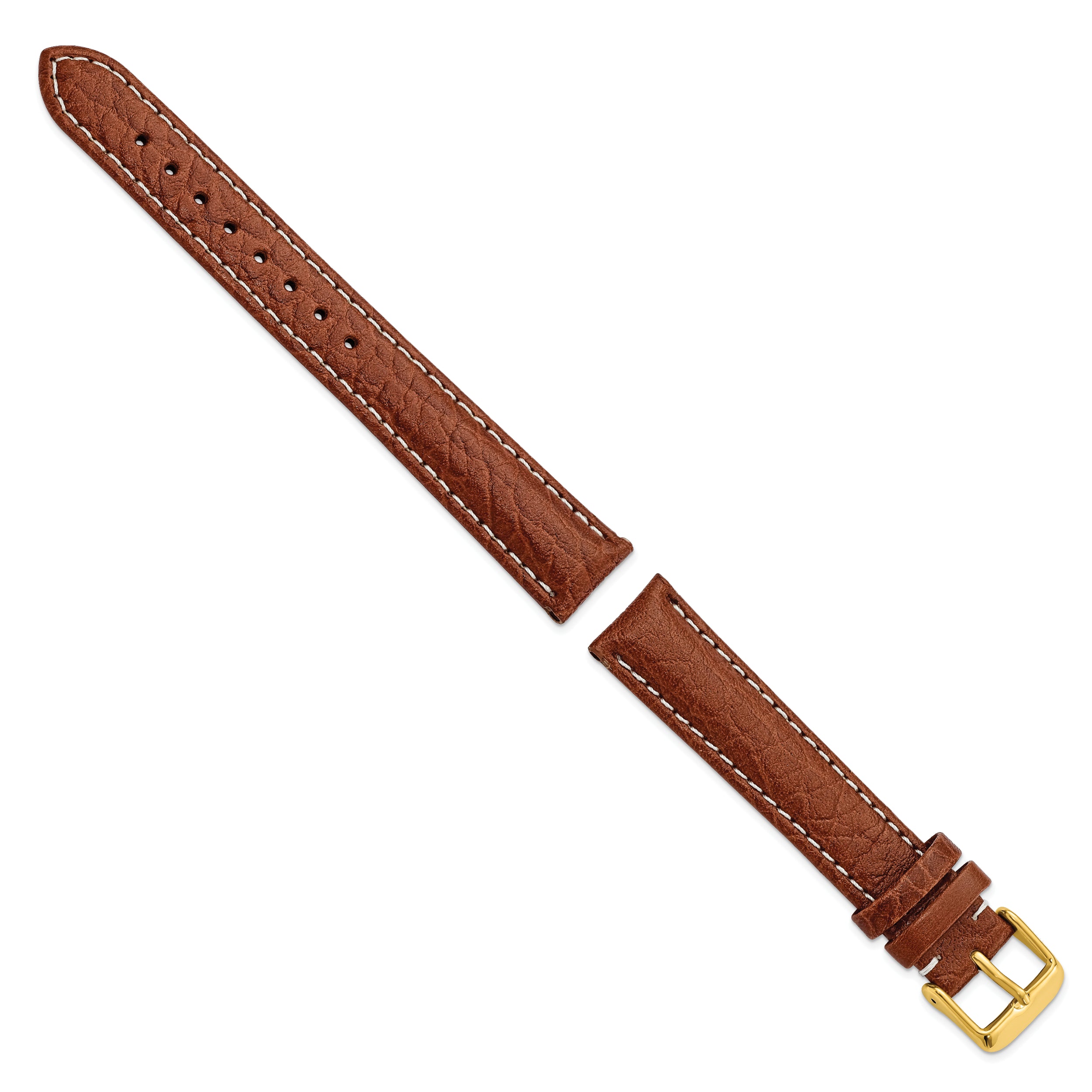 16mm Long Havana Sport Leather with White Stitching and Gold-tone Buckle 8.5 inch Watch Band