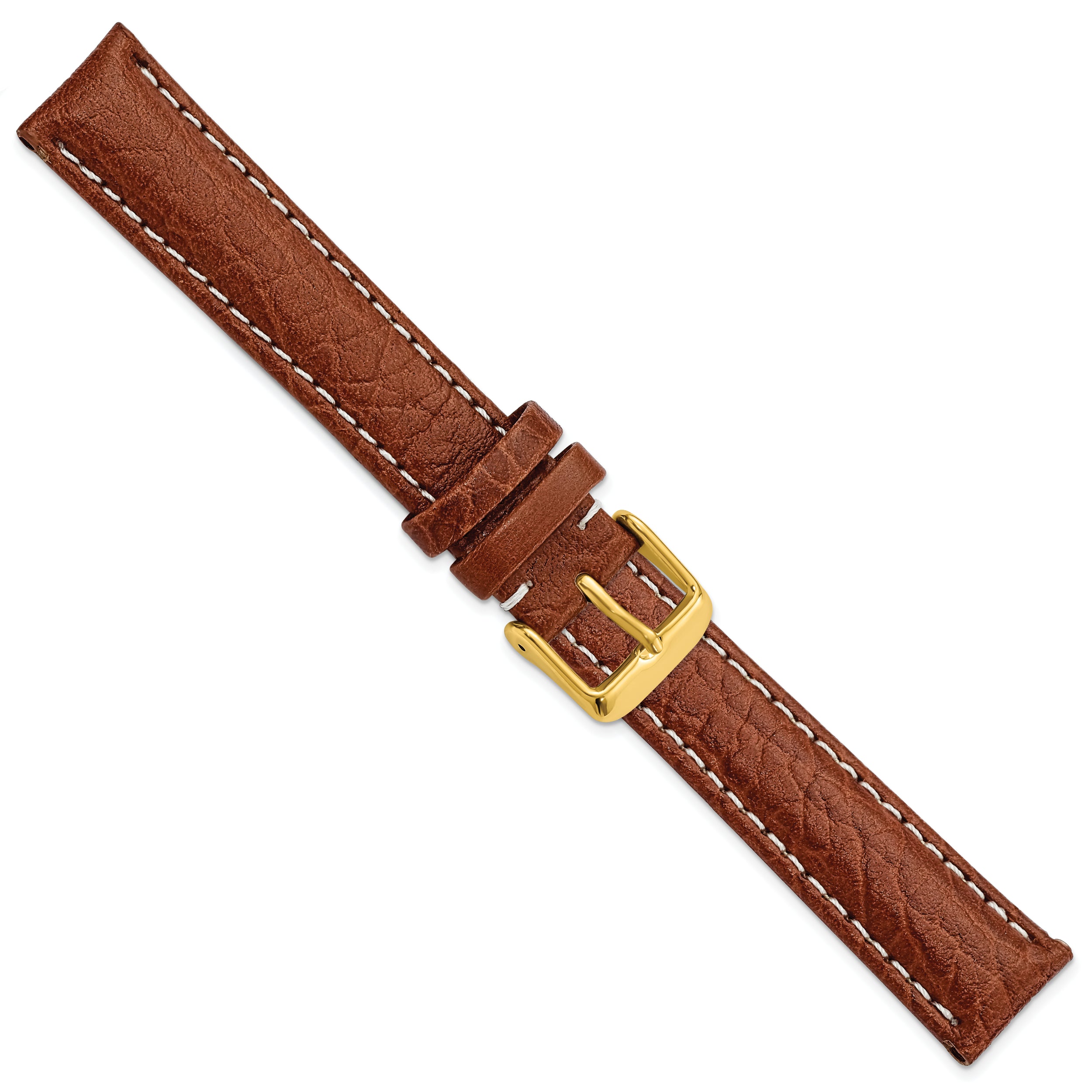 16mm Long Havana Sport Leather with White Stitching and Gold-tone Buckle 8.5 inch Watch Band