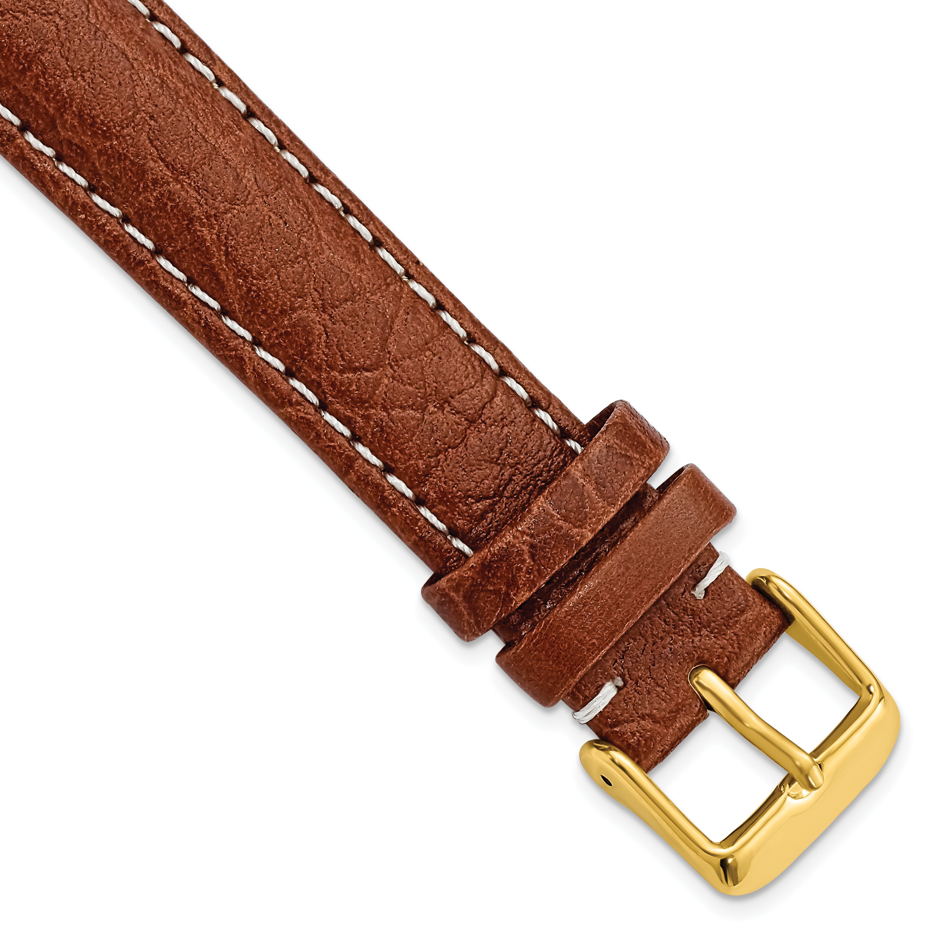 DeBeer 18mm Long Havana Sport Leather with White Stitching and Gold-tone Buckle 8.5 inch Watch Band