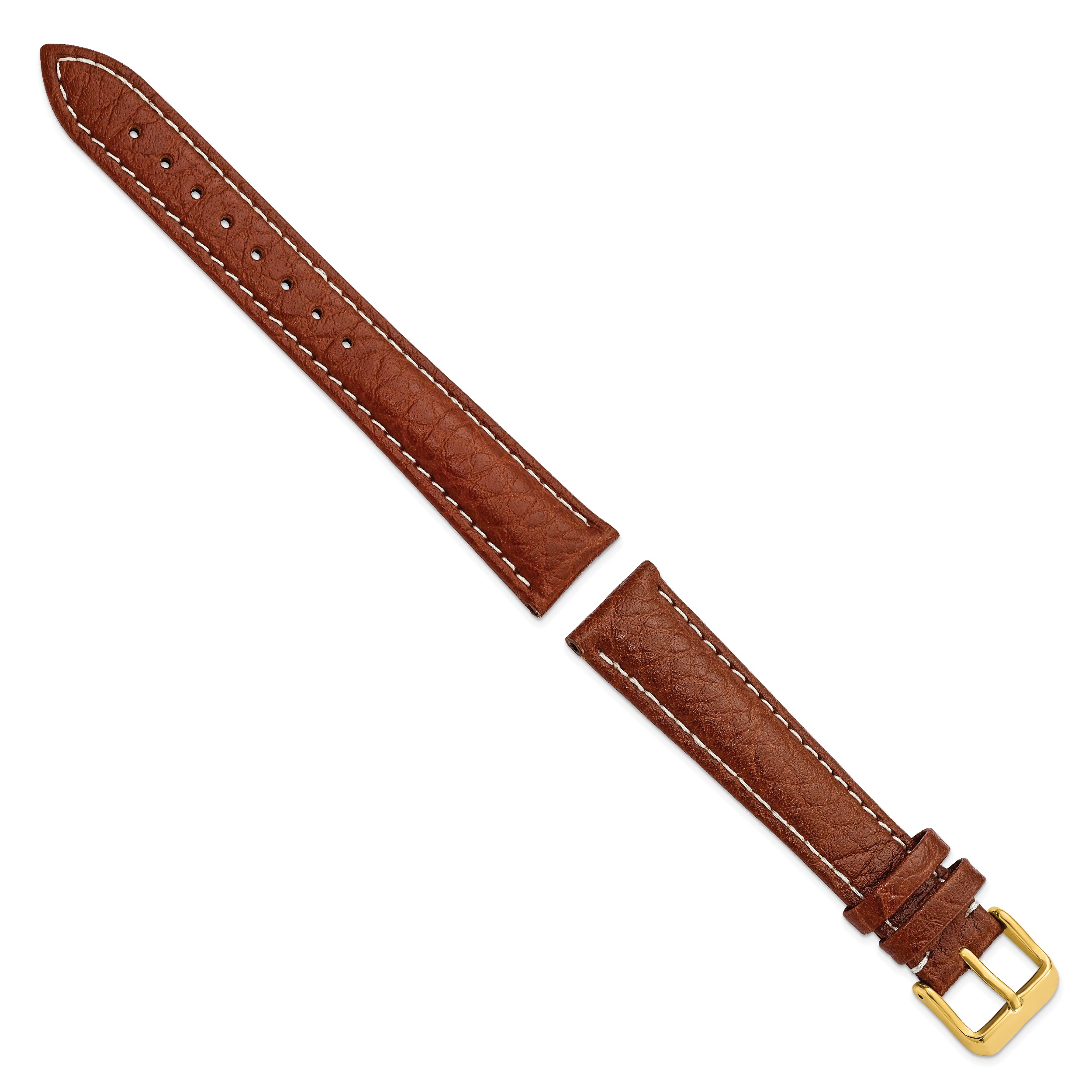 16mm Long Havana Sport Leather with White Stitching and Gold-tone Buckle 8.5 inch Watch Band