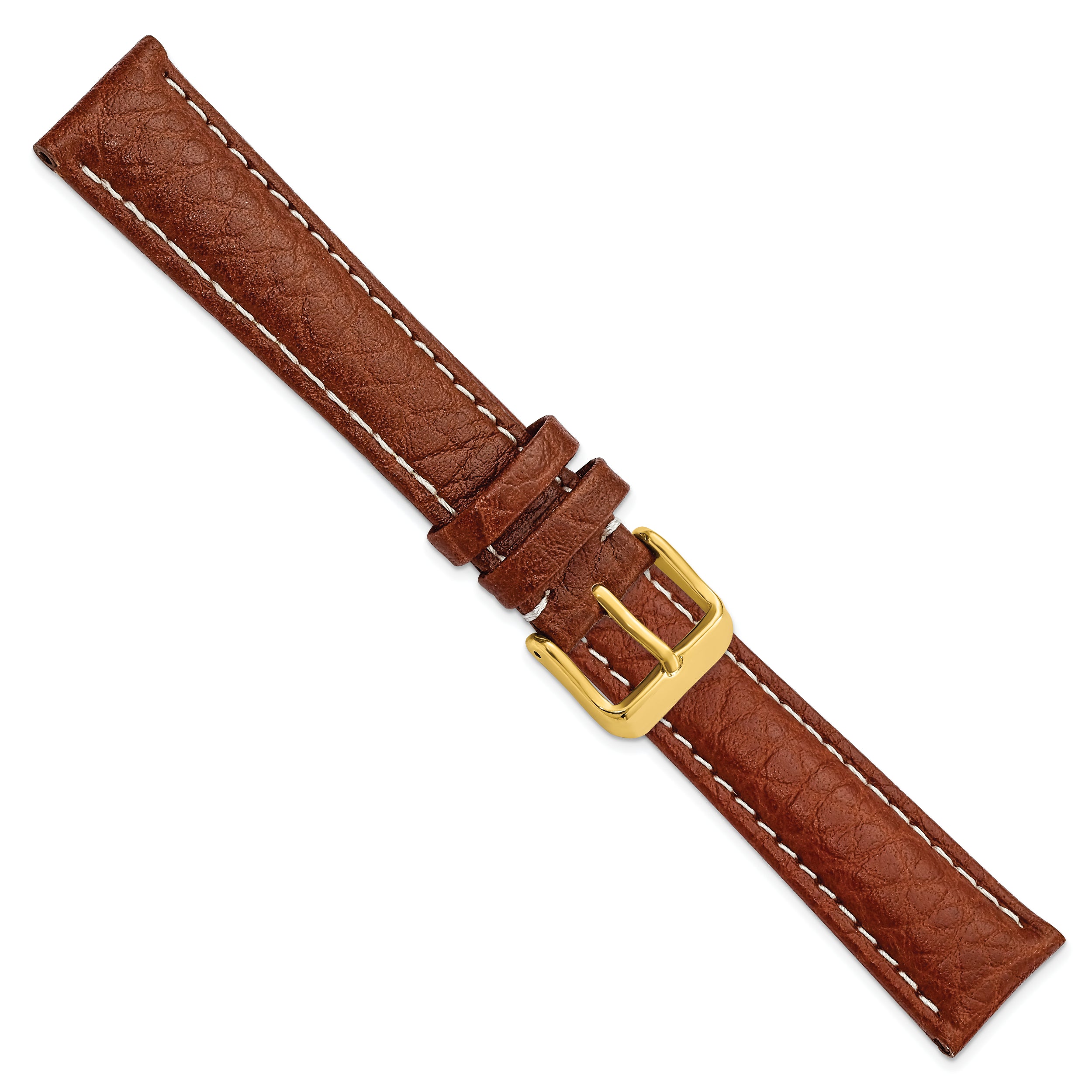 16mm Long Havana Sport Leather with White Stitching and Gold-tone Buckle 8.5 inch Watch Band